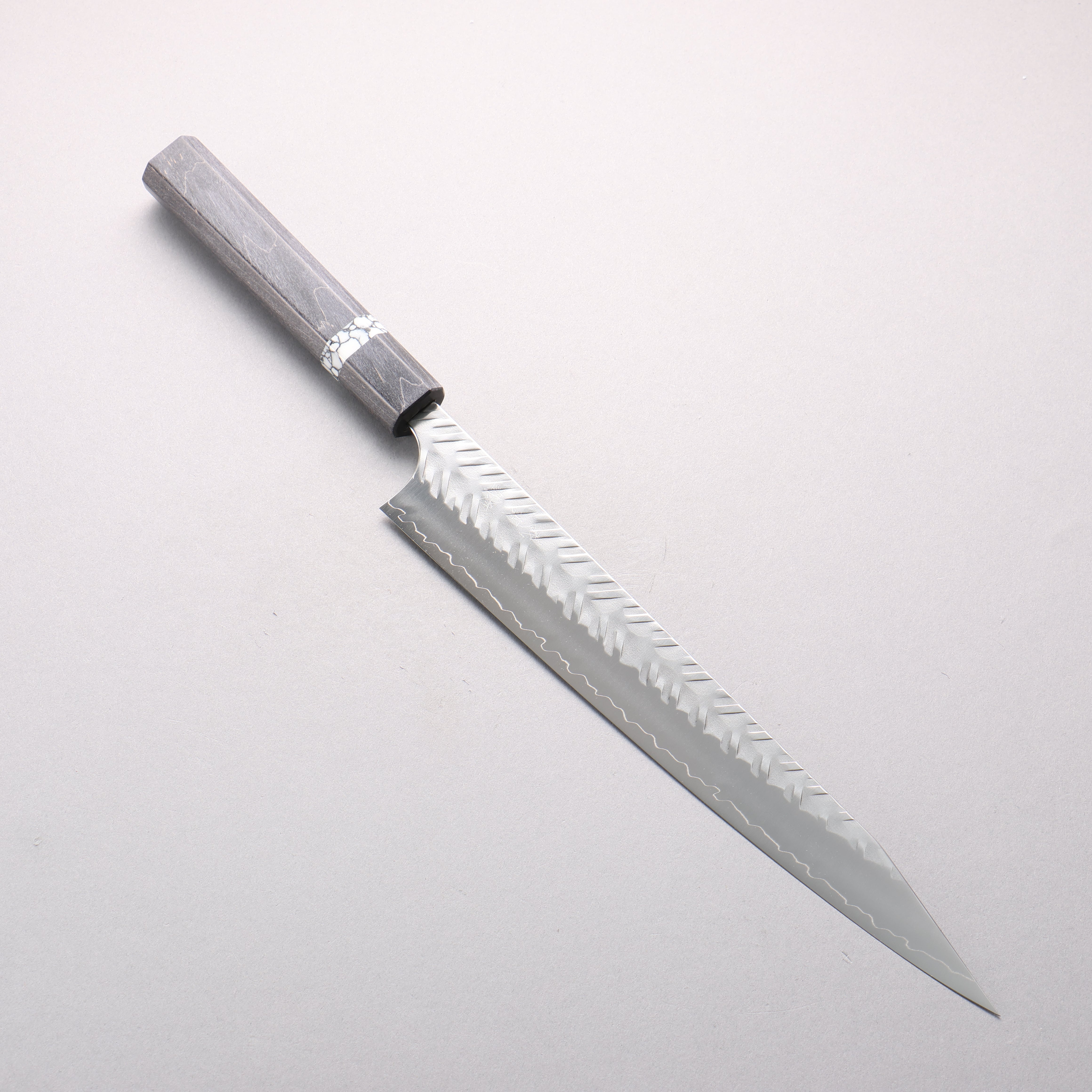 Yoshimi Kato SPG STRIX V-Hammered Kiritsuke Sujihiki 270mm Black Stabilized Wood & White Turquoise Ring Handle - Seisuke Knife