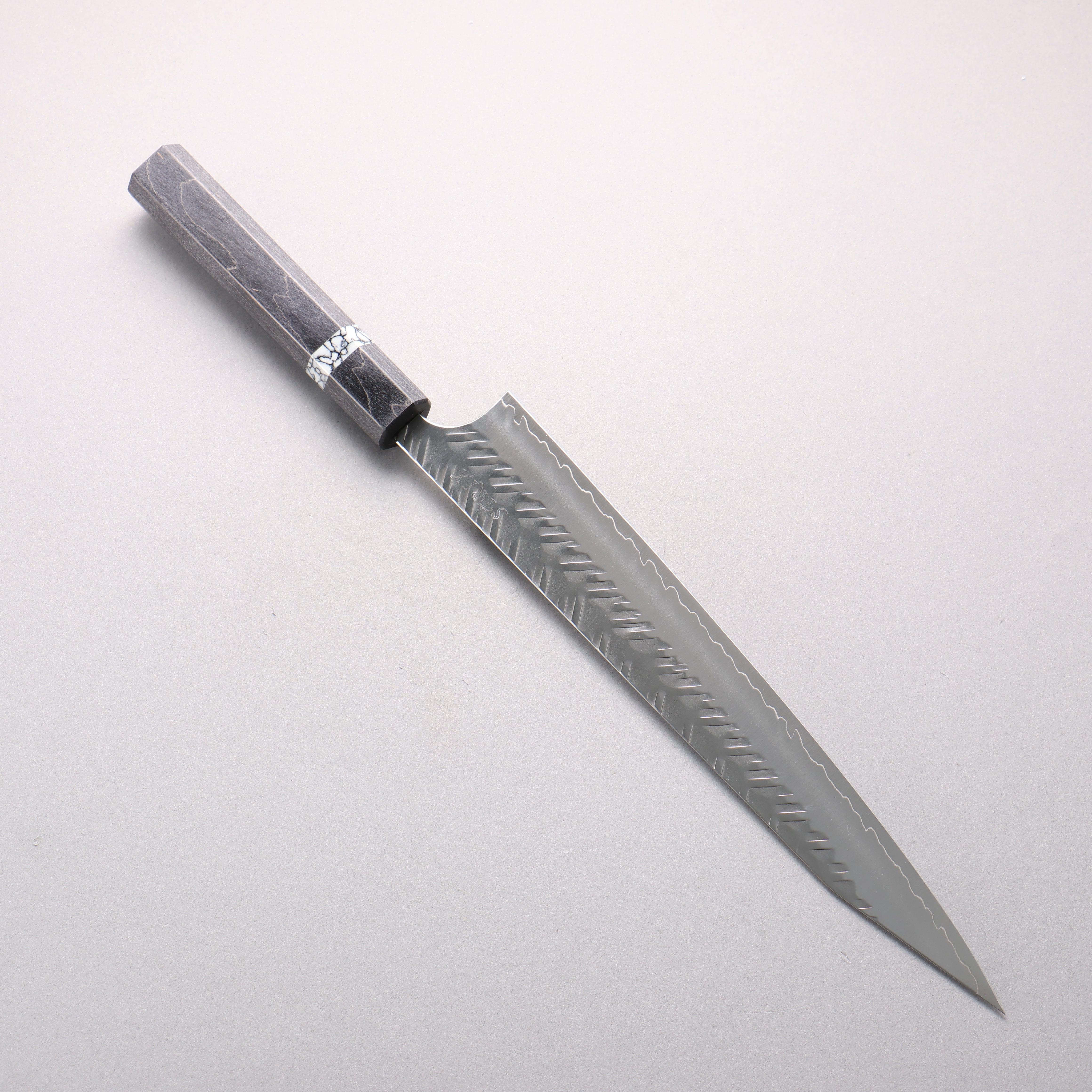 Yoshimi Kato SPG STRIX V-Hammered Kiritsuke Sujihiki 270mm Black Stabilized Wood & White Turquoise Ring Handle - Seisuke Knife