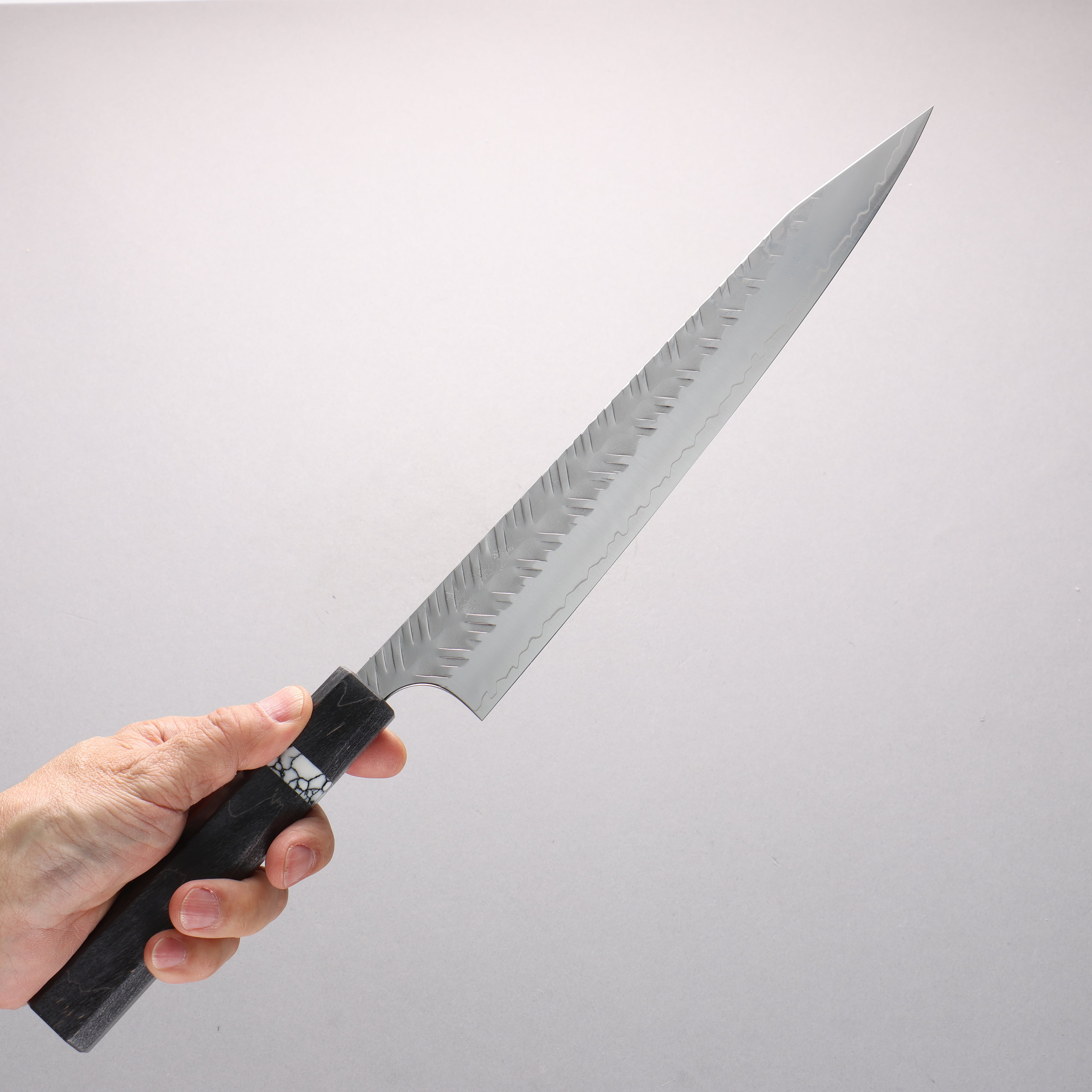 Yoshimi Kato SPG STRIX V-Hammered Kiritsuke Sujihiki 270mm Black Stabilized Wood & White Turquoise Ring Handle - Seisuke Knife