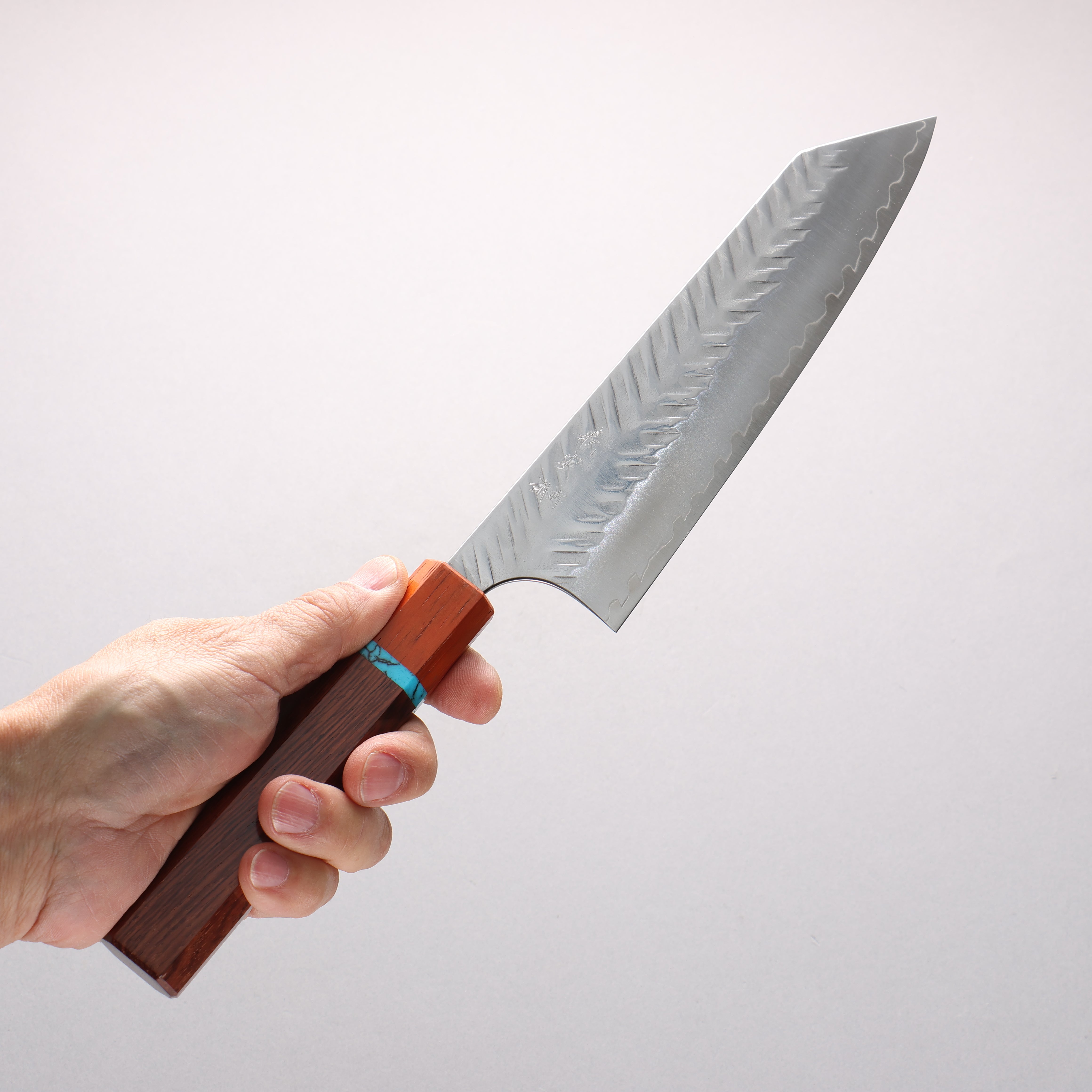 Yoshimi Kato SPG STRIX V-Hammered Kiritsuke Gyuto 190mm Rosewood & Turquoise Ring Handle - Seisuke Knife