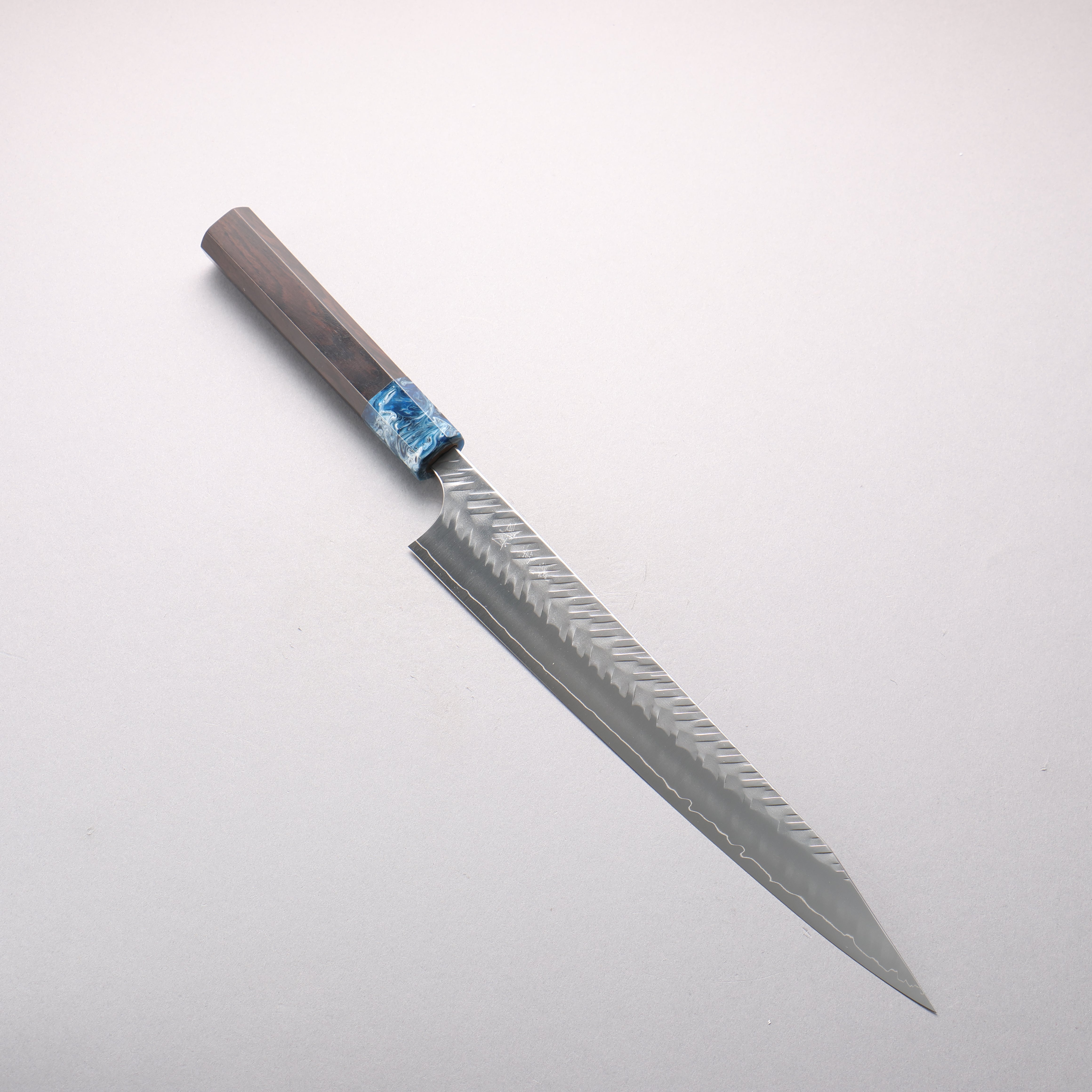 Yoshimi Kato SPG STRIX V-Hammered Kiritsuke Sujihiki 270mm Ebony Wood & Blue Marble Resin Handle - Seisuke Knife
