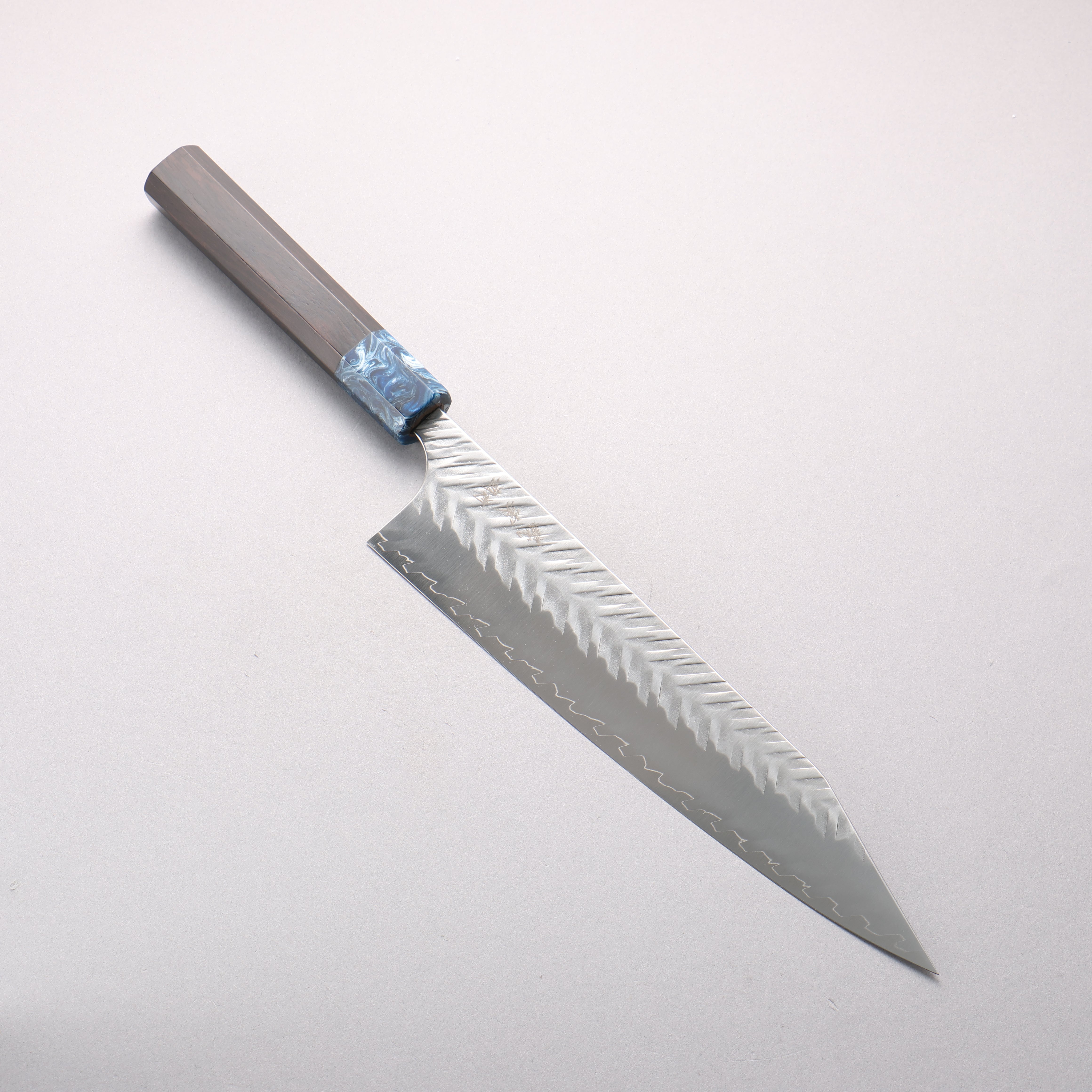 Yoshimi Kato SPG STRIX V-Hammered Kiritsuke Gyuto 240mm Ebony Wood & Blue Marble Resin Handle - Seisuke Knife