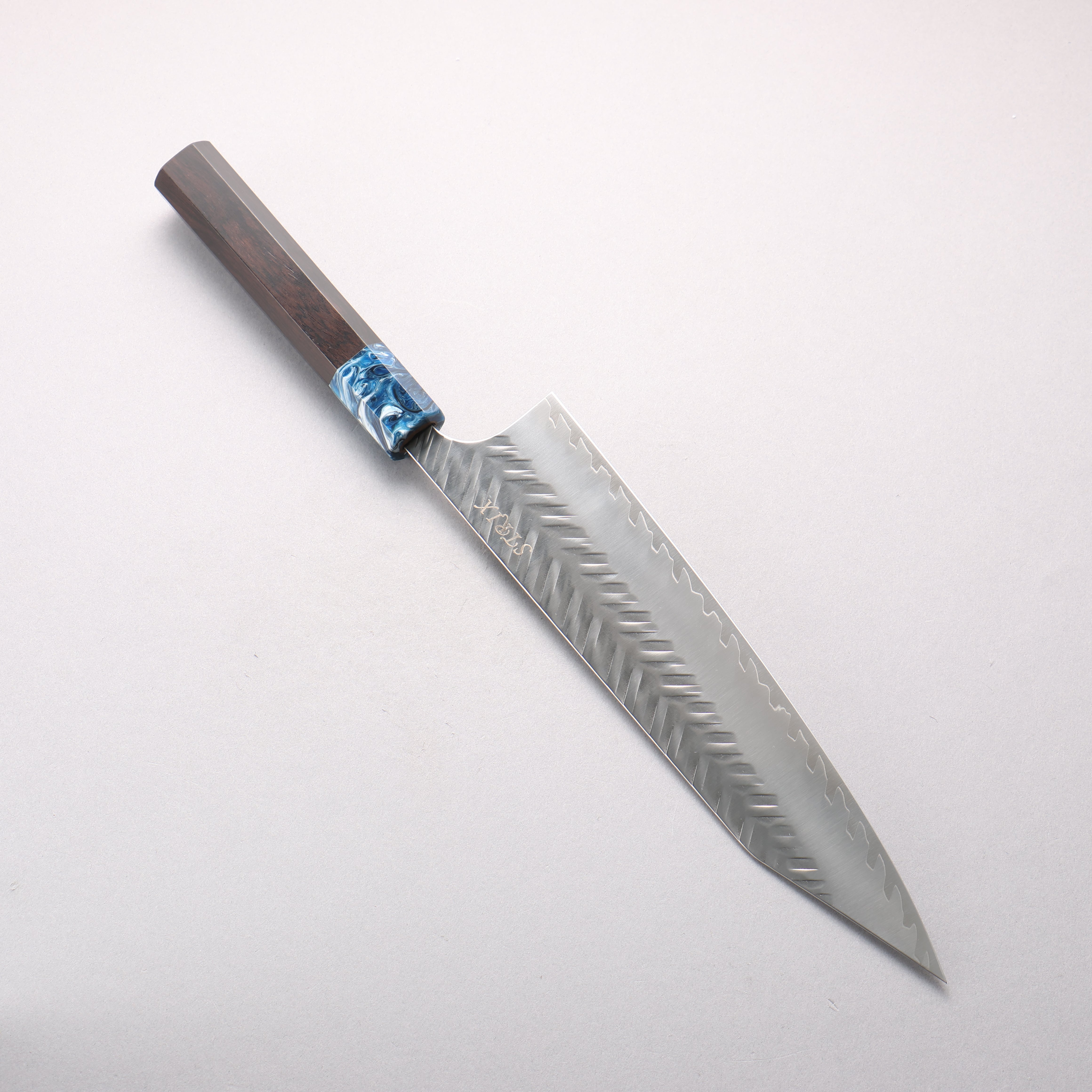 Yoshimi Kato SPG STRIX V-Hammered Kiritsuke Gyuto 240mm Ebony Wood & Blue Marble Resin Handle - Seisuke Knife