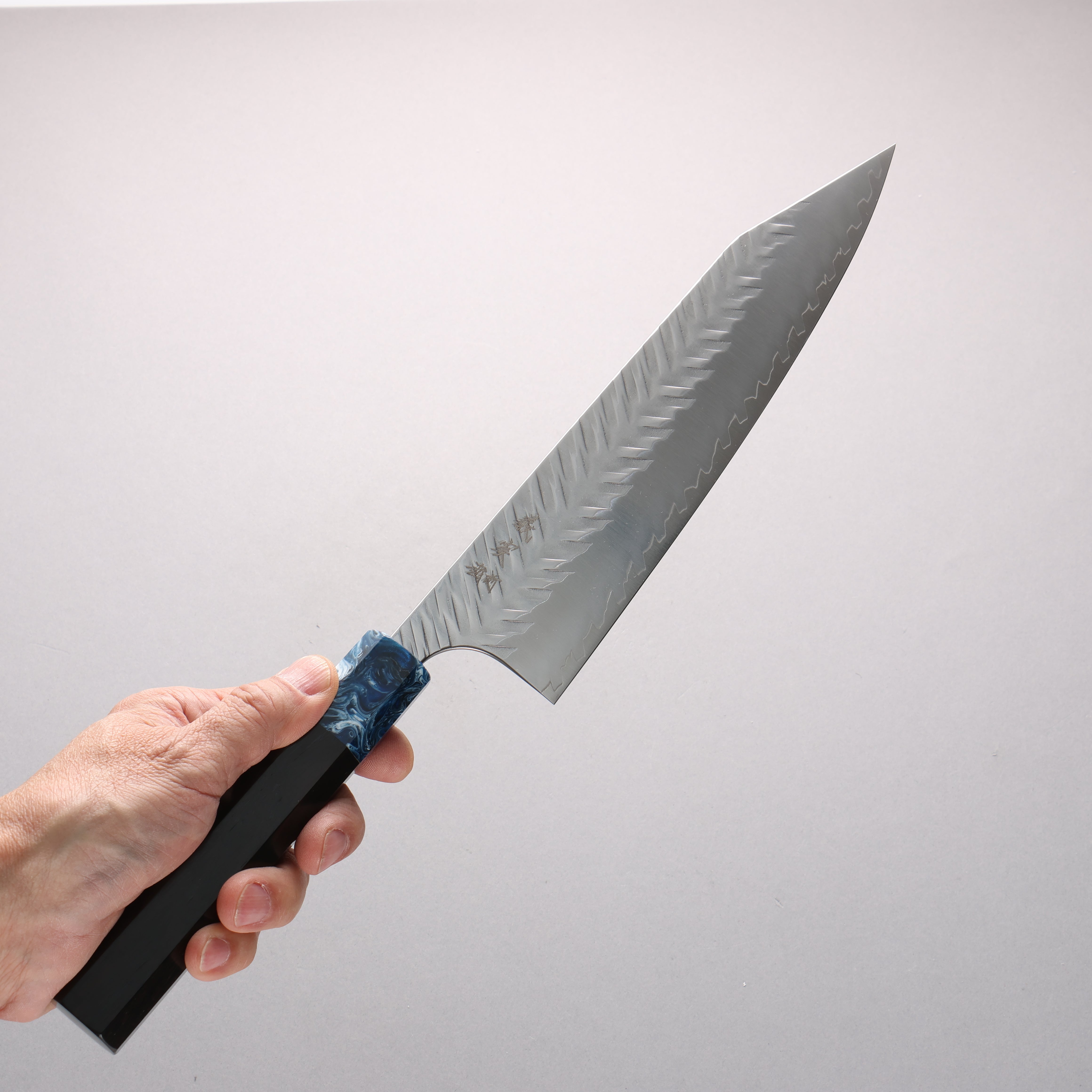 Yoshimi Kato SPG STRIX V-Hammered Kiritsuke Gyuto 240mm Ebony Wood & Blue Marble Resin Handle - Seisuke Knife