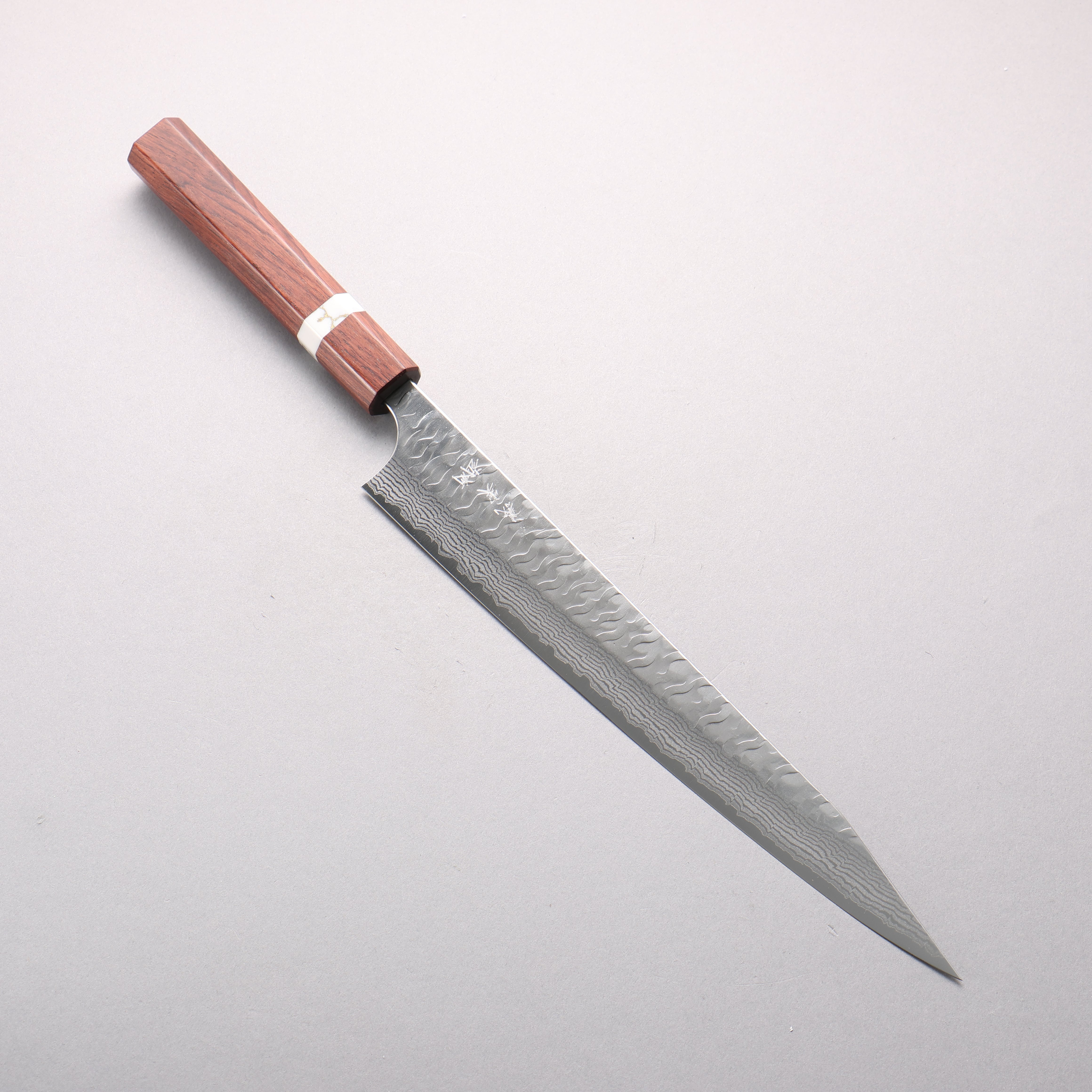 Yoshimi Kato Nami VG-XEOS Hammered Damascus Kiritsuke Sujihiki 270mm Rosewood & Turquoise Ring Handle - Seisuke Knife