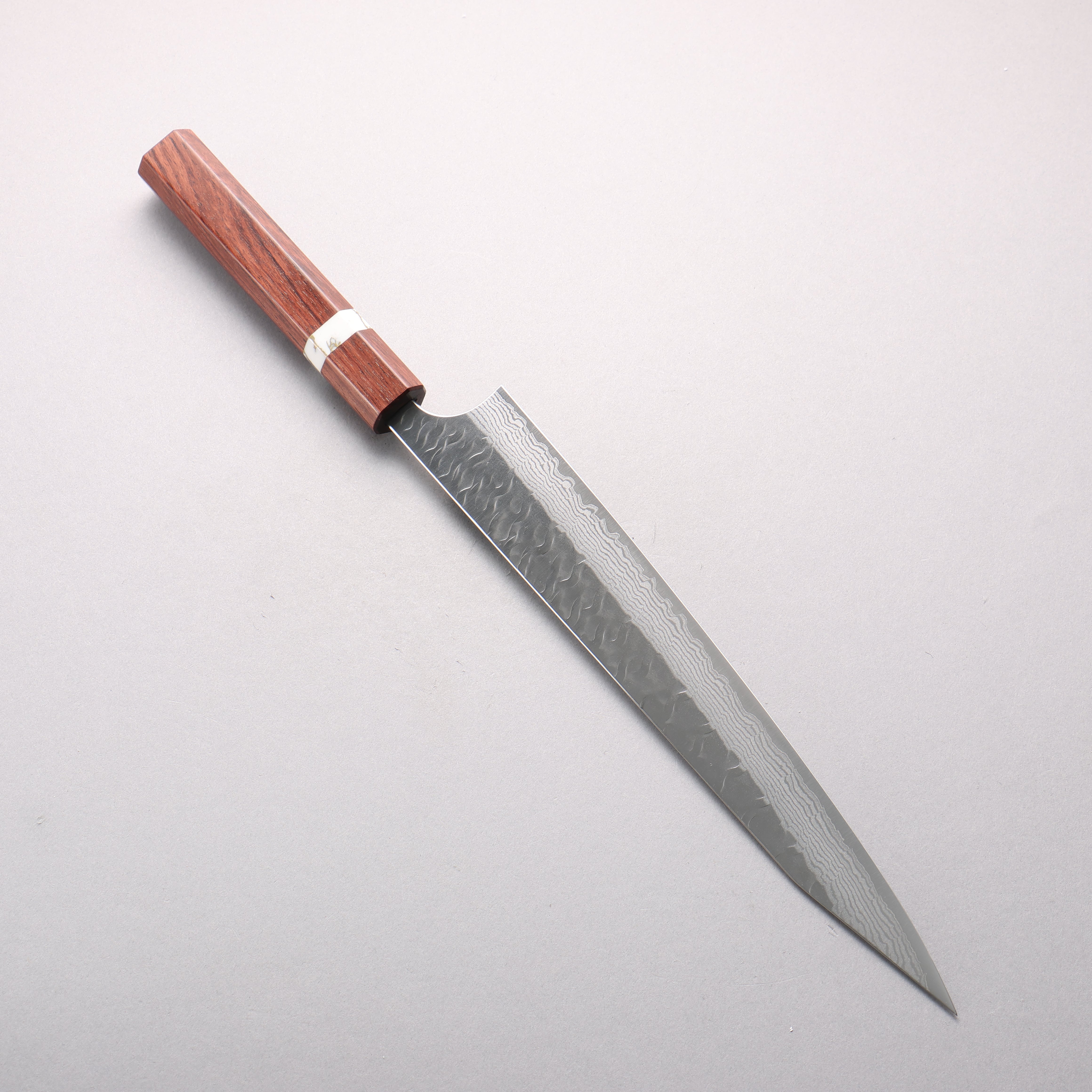 Yoshimi Kato Nami VG-XEOS Hammered Damascus Kiritsuke Sujihiki 270mm Rosewood & Turquoise Ring Handle - Seisuke Knife