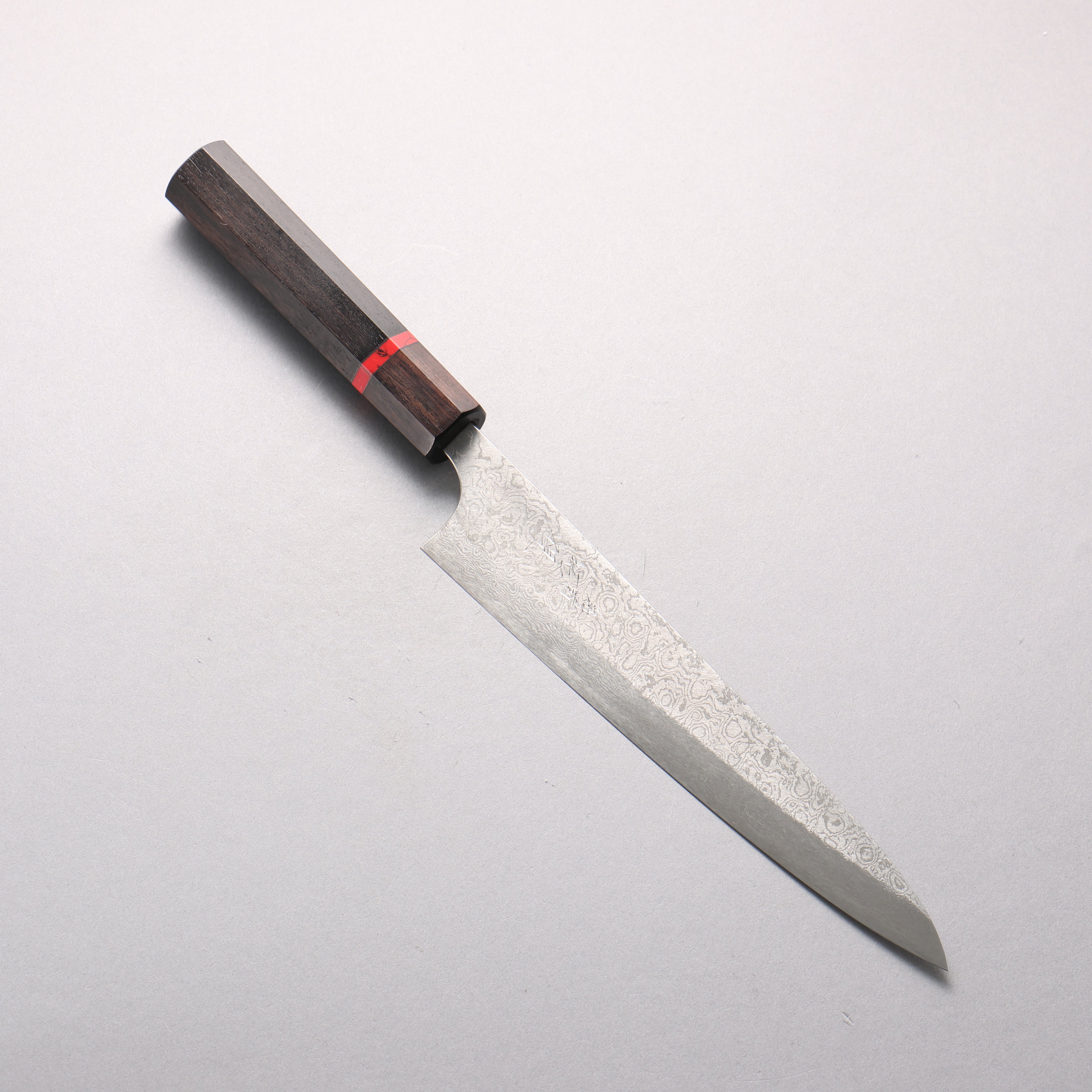 Takumi Ikeda Suikyou VG10 Migaki Damascus Sujihiki 210mm Ebony Wood & Red Turquoise Ring Handle - Seisuke Knife