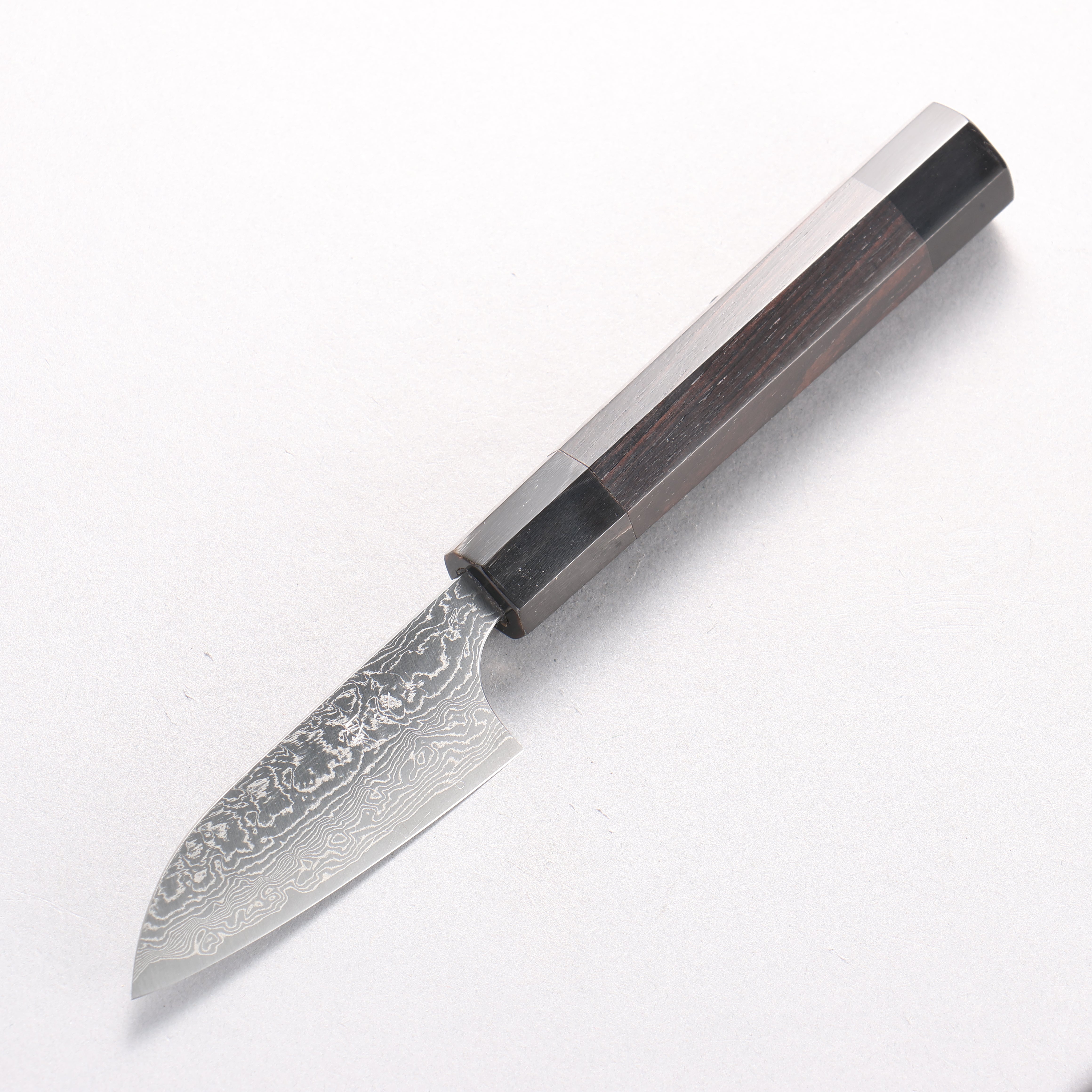 Anryu VG10 Migaki Damascus Paring 75mm Ebony Wood (With Double Black Water Buffalo Horn) Handle - Seisuke Knife