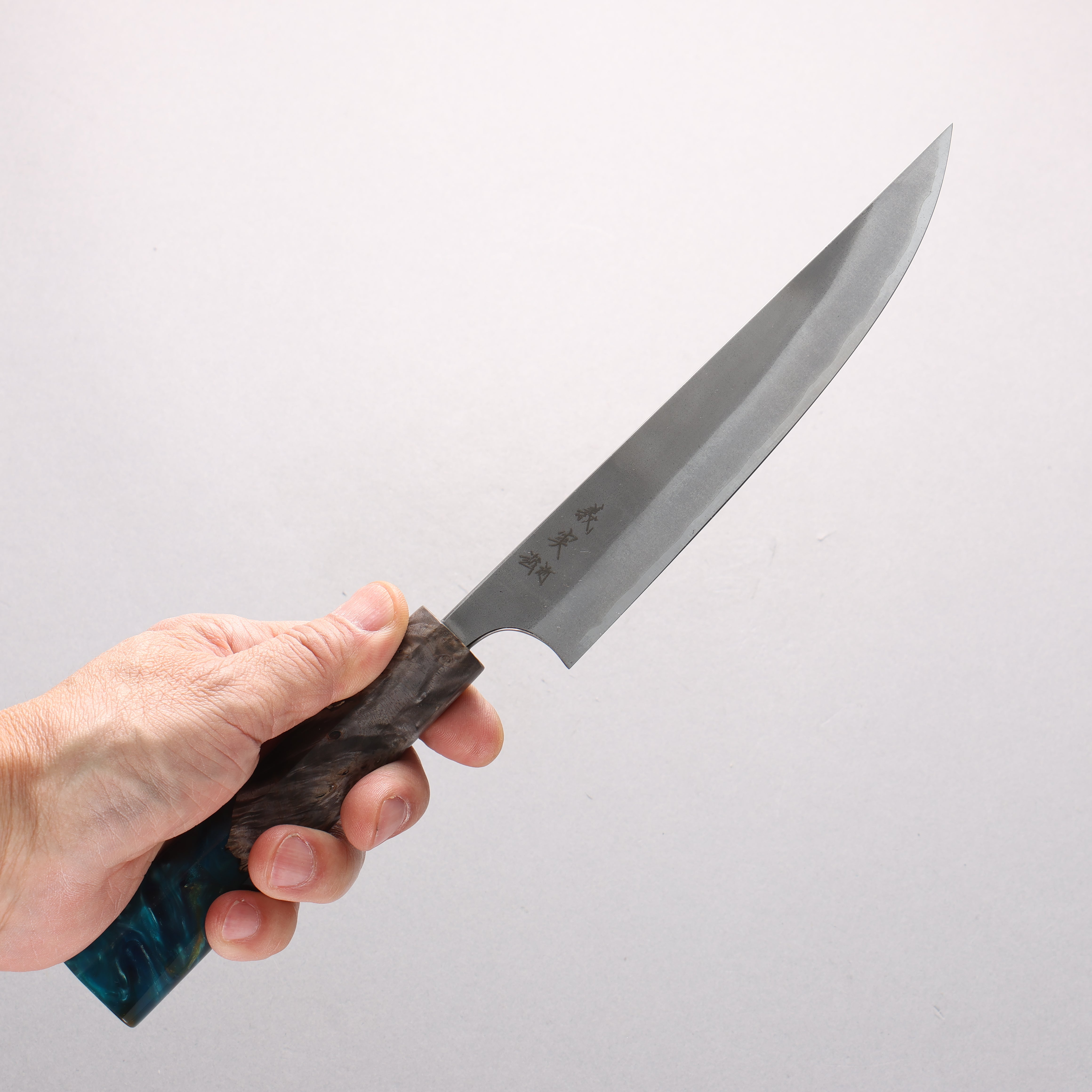 Yoshimi Kato Blue Super Nashiji Kengata Petty-Utility 170mm Stabilized Birch & Emerald Resin Handle - Seisuke Knife