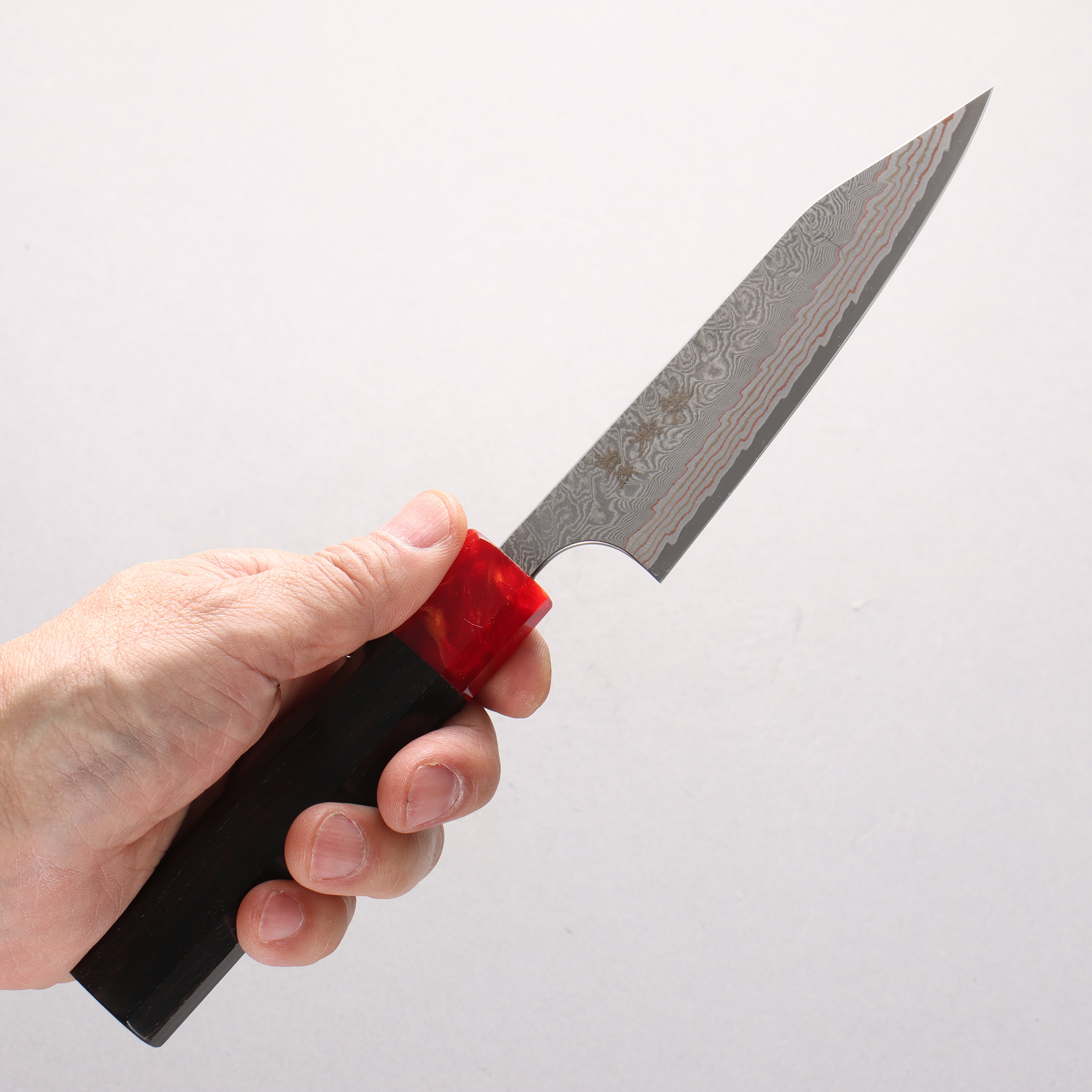 Yoshimi Kato VG10w Colored Damascus Kiritsuke Petty-Utility 120mm Ebony Wood & Red Resin Handle - Seisuke Knife