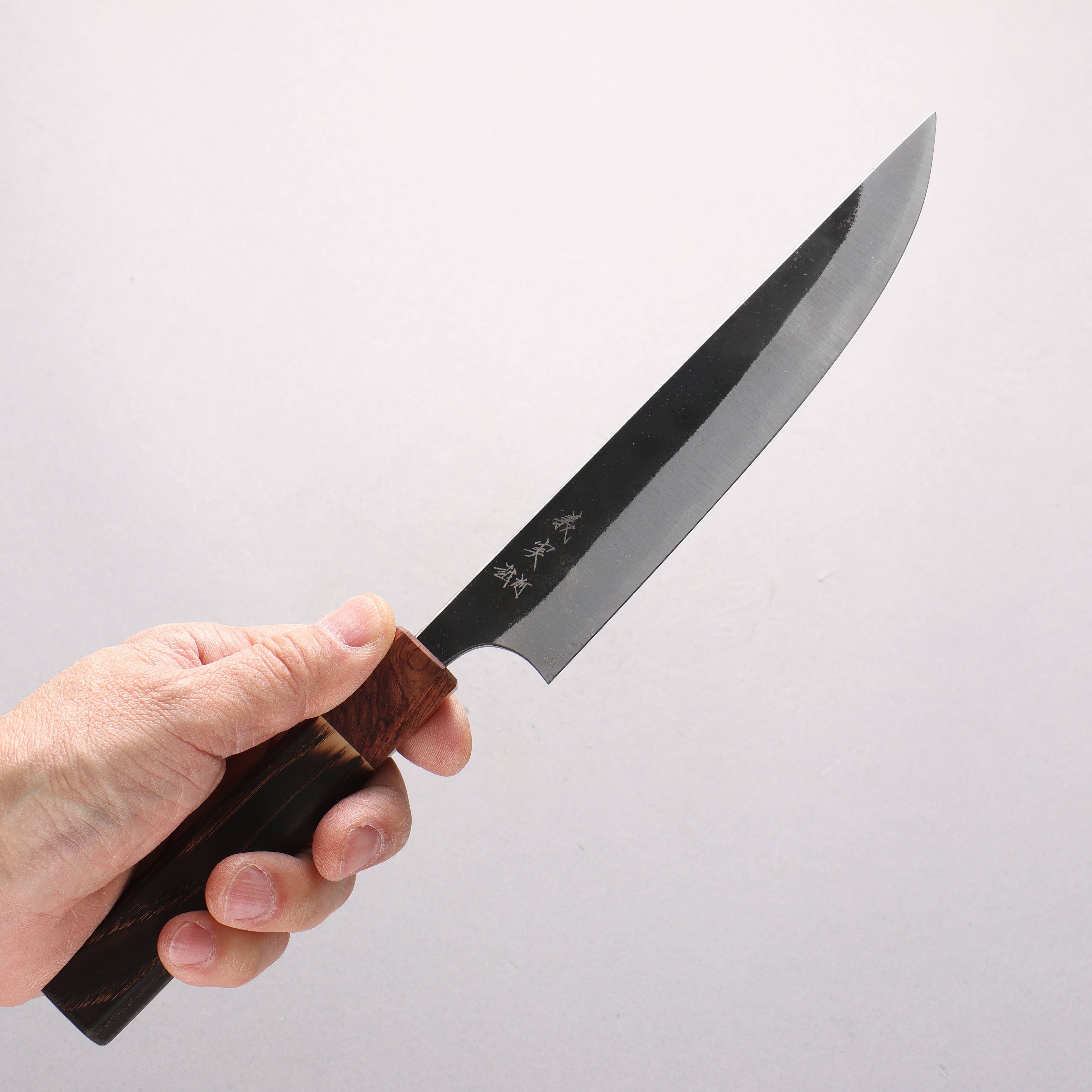 Yoshimi Kato Blue Super Kurouchi Kengata Petty-Utility 170mm Burnt Chestnut & Rosewood Handle - Seisuke Knife