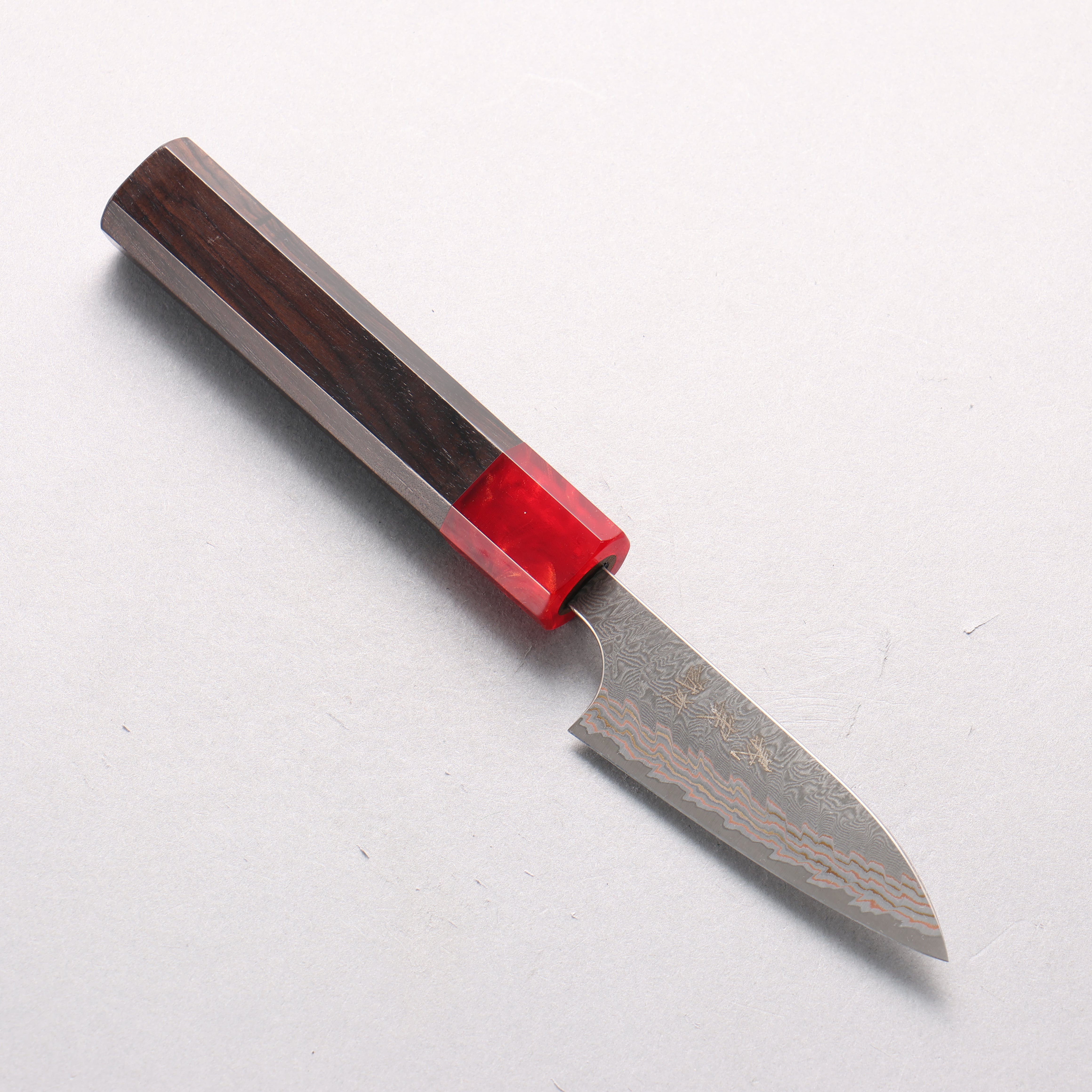 Yoshimi Kato VG10w Colored Damascus Paring 80mm Ebony Wood & Red Resin Handle - Seisuke Knife