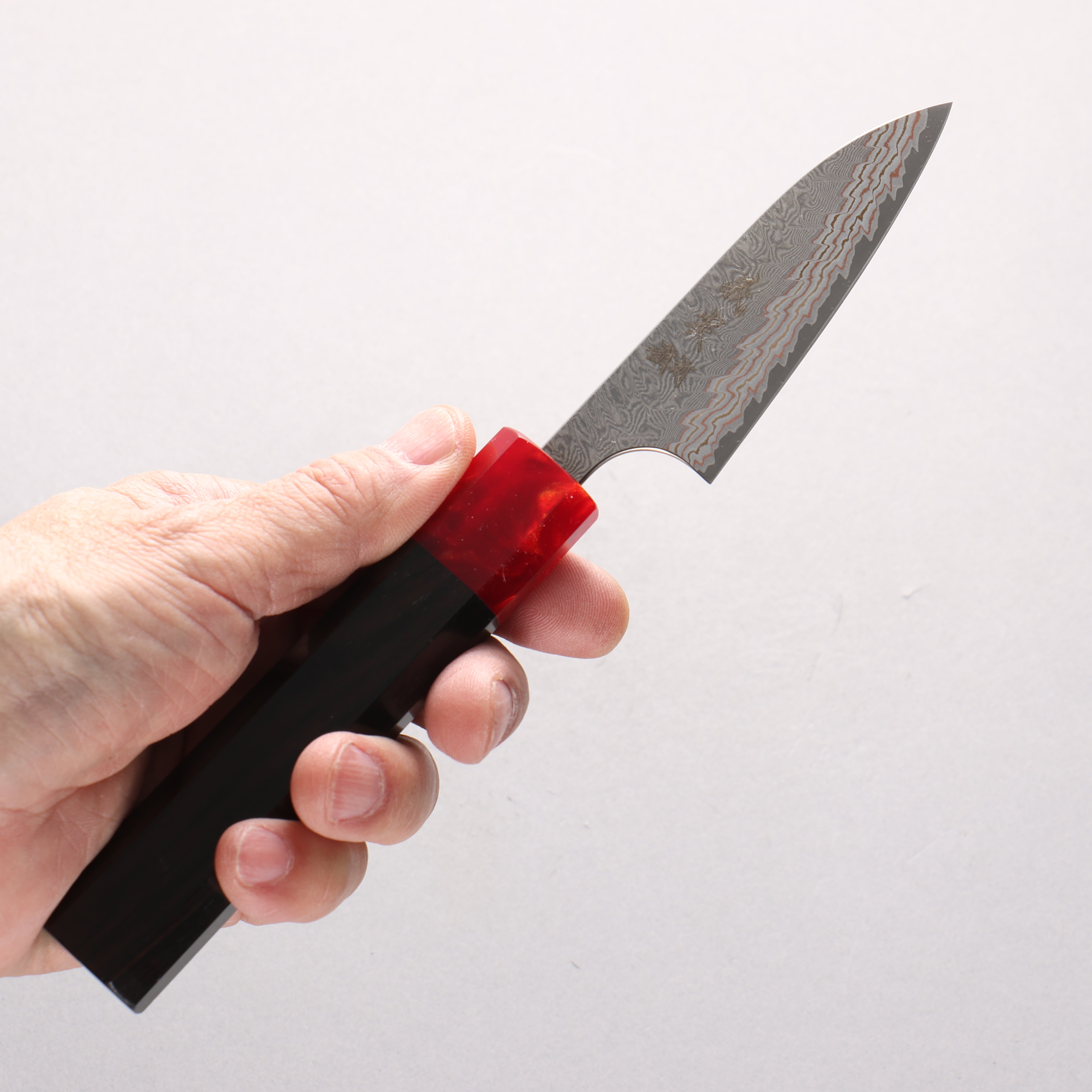 Yoshimi Kato VG10w Colored Damascus Paring 80mm Ebony Wood & Red Resin Handle - Seisuke Knife