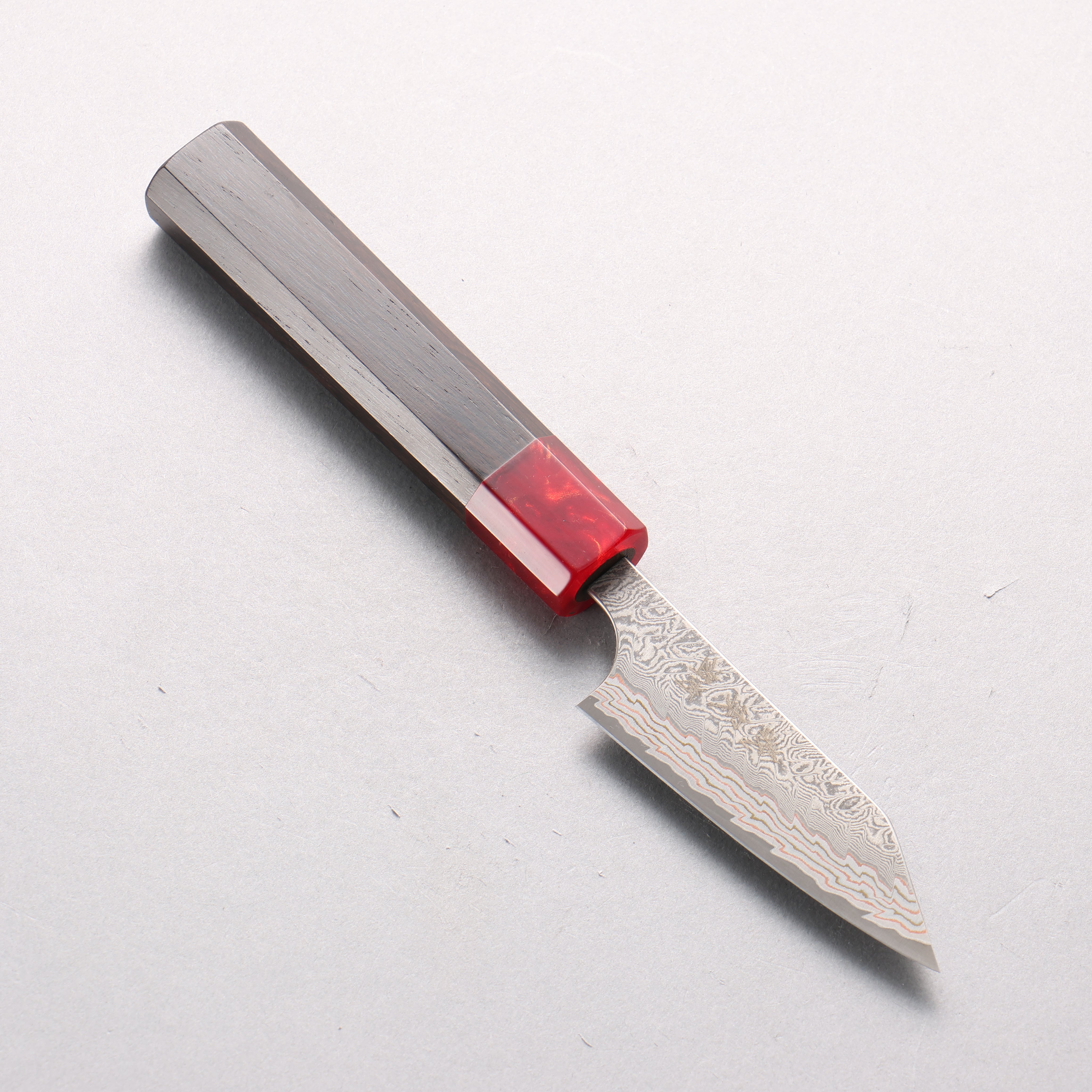 Yoshimi Kato VG10w Colored Damascus Kiritsuke Paring 80mm Ebony Wood & Red Resin Handle - Seisuke Knife