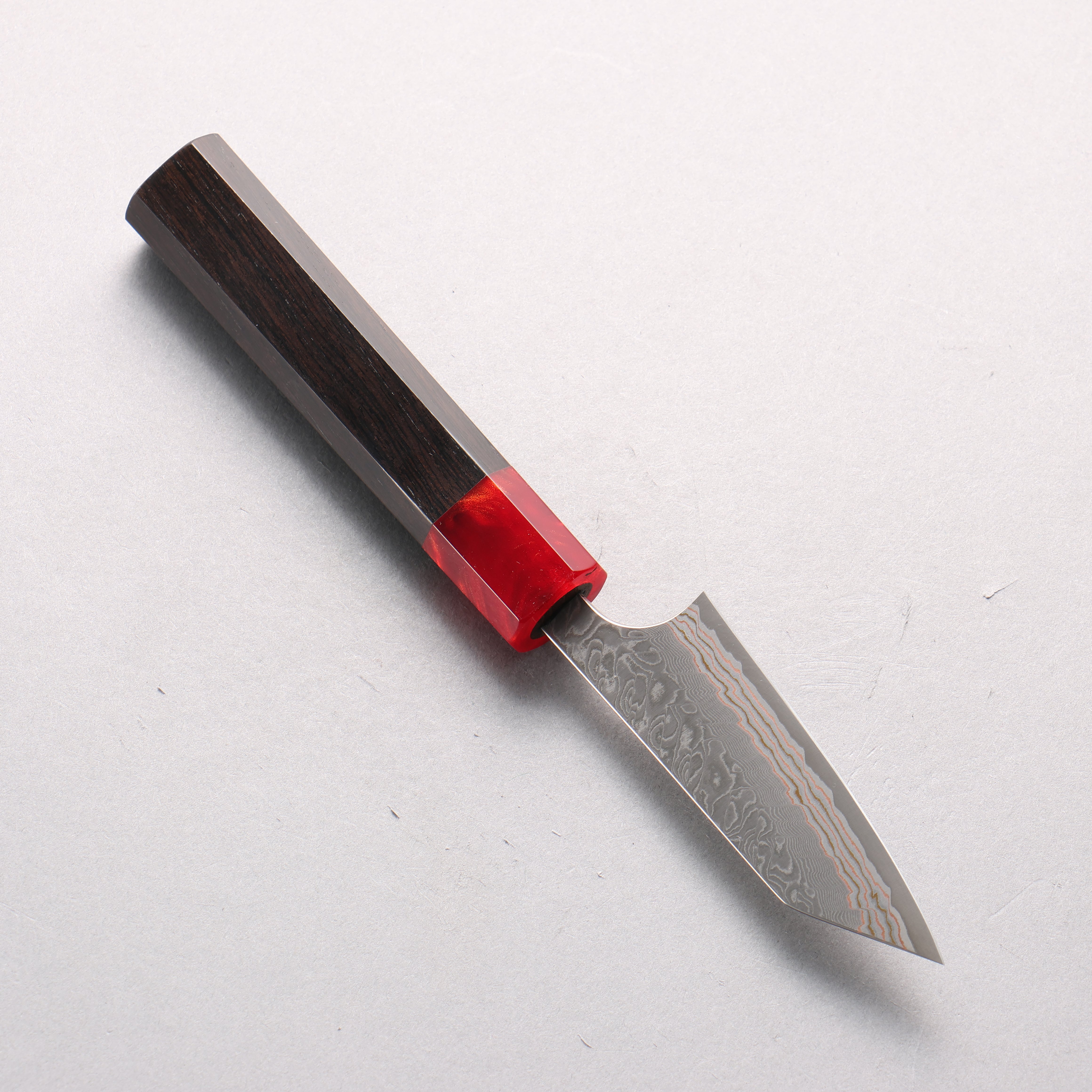 Yoshimi Kato VG10w Colored Damascus Kiritsuke Paring 80mm Ebony Wood & Red Resin Handle - Seisuke Knife