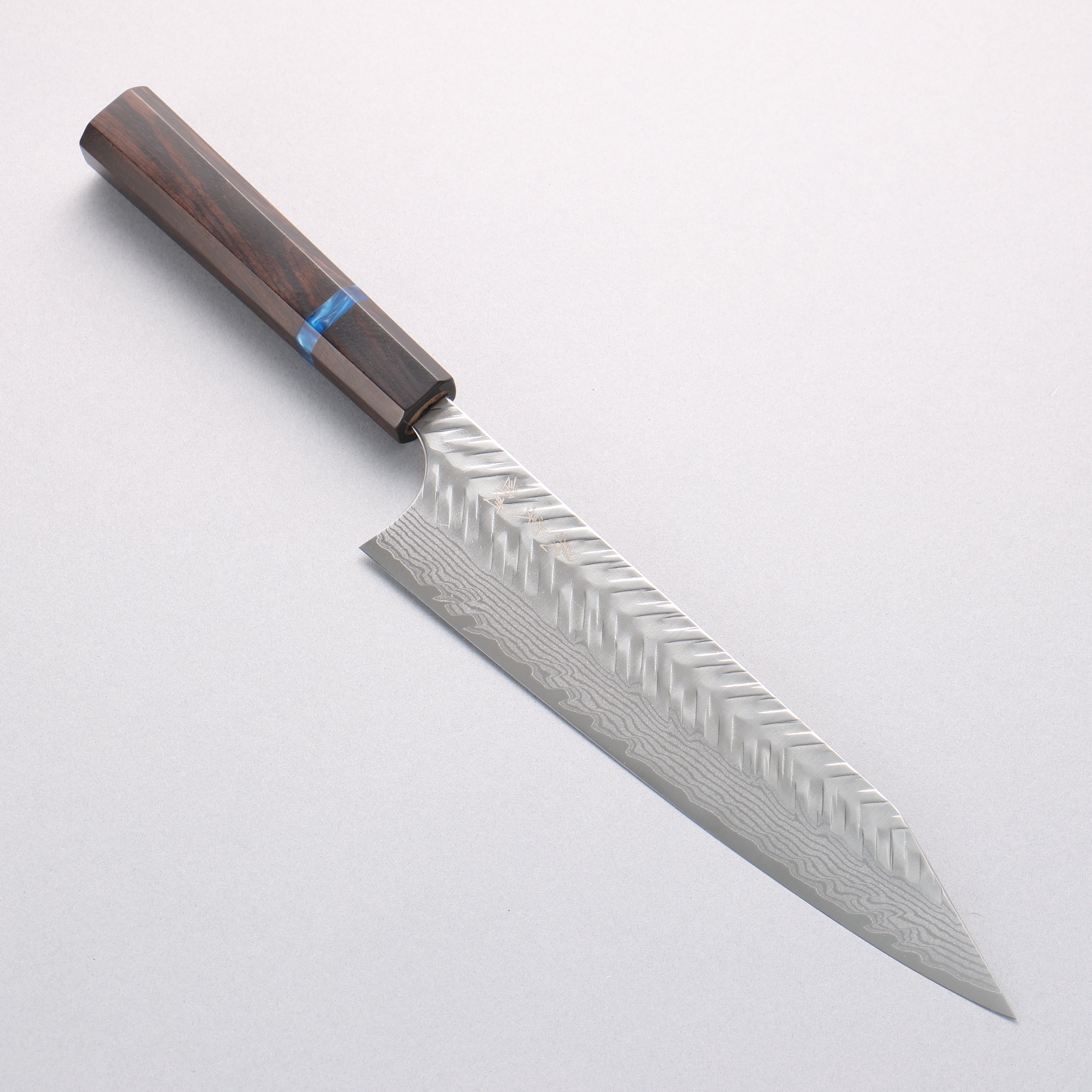 Yoshimi Kato VG-XEOS Damascus V-Hammered Kiritsuke Gyuto 210mm Ebony Wood & Blue Ring Handle - Seisuke Knife