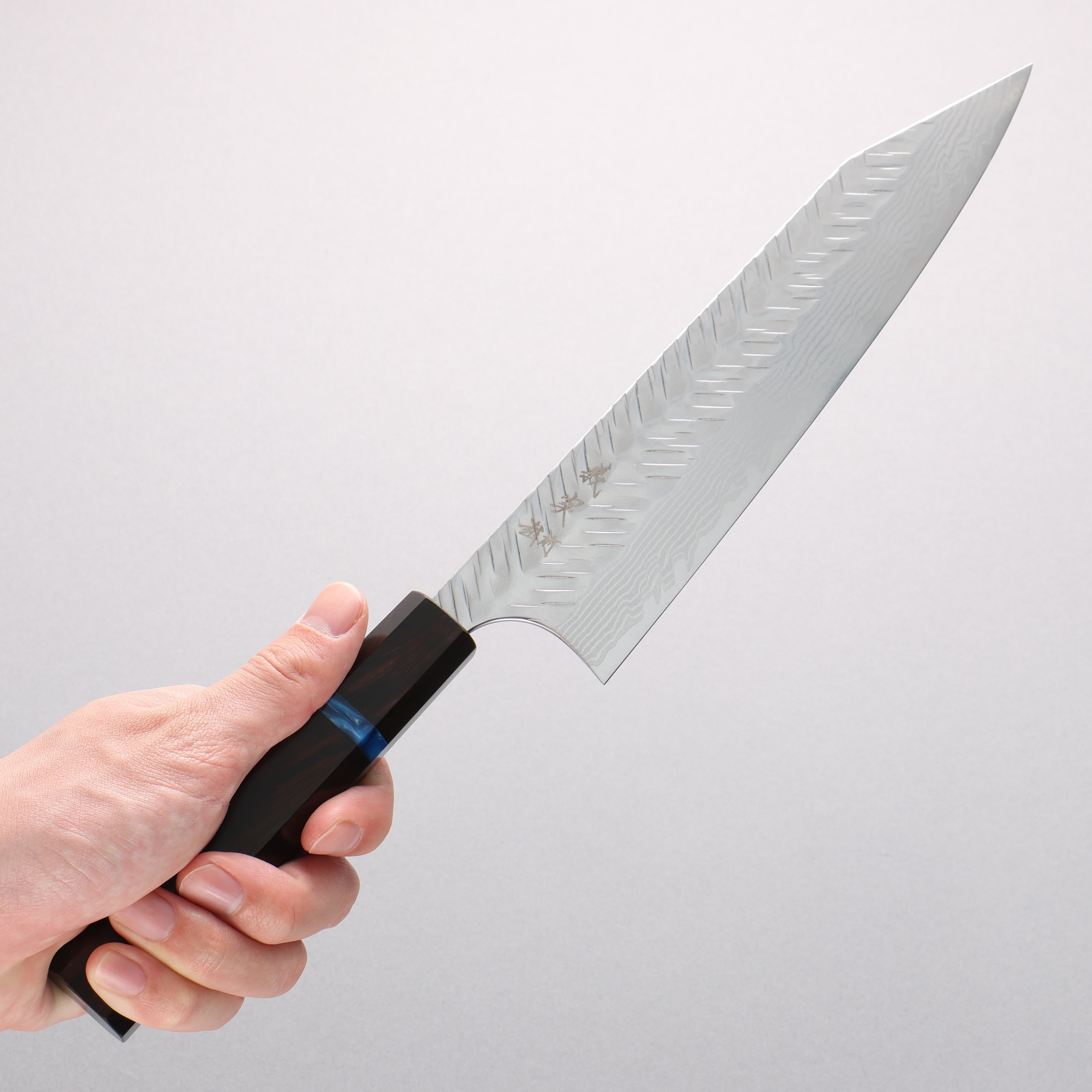 Yoshimi Kato VG-XEOS Damascus V-Hammered Kiritsuke Gyuto 210mm Ebony Wood & Blue Ring Handle - Seisuke Knife