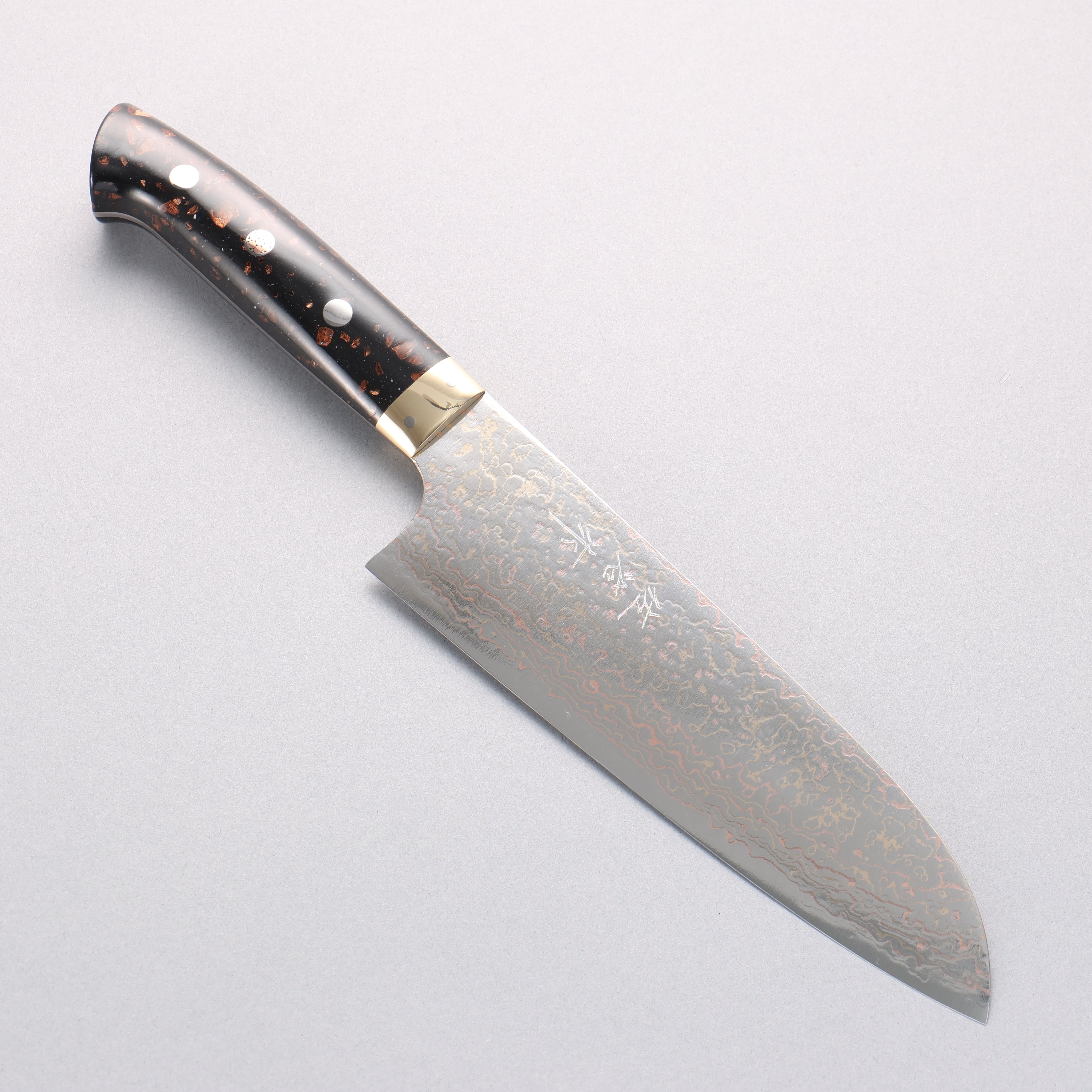 Takeshi Saji VG10w Colored Damascus Migaki Finished Santoku 180mm Black/Brown Corian Handle - Seisuke Knife