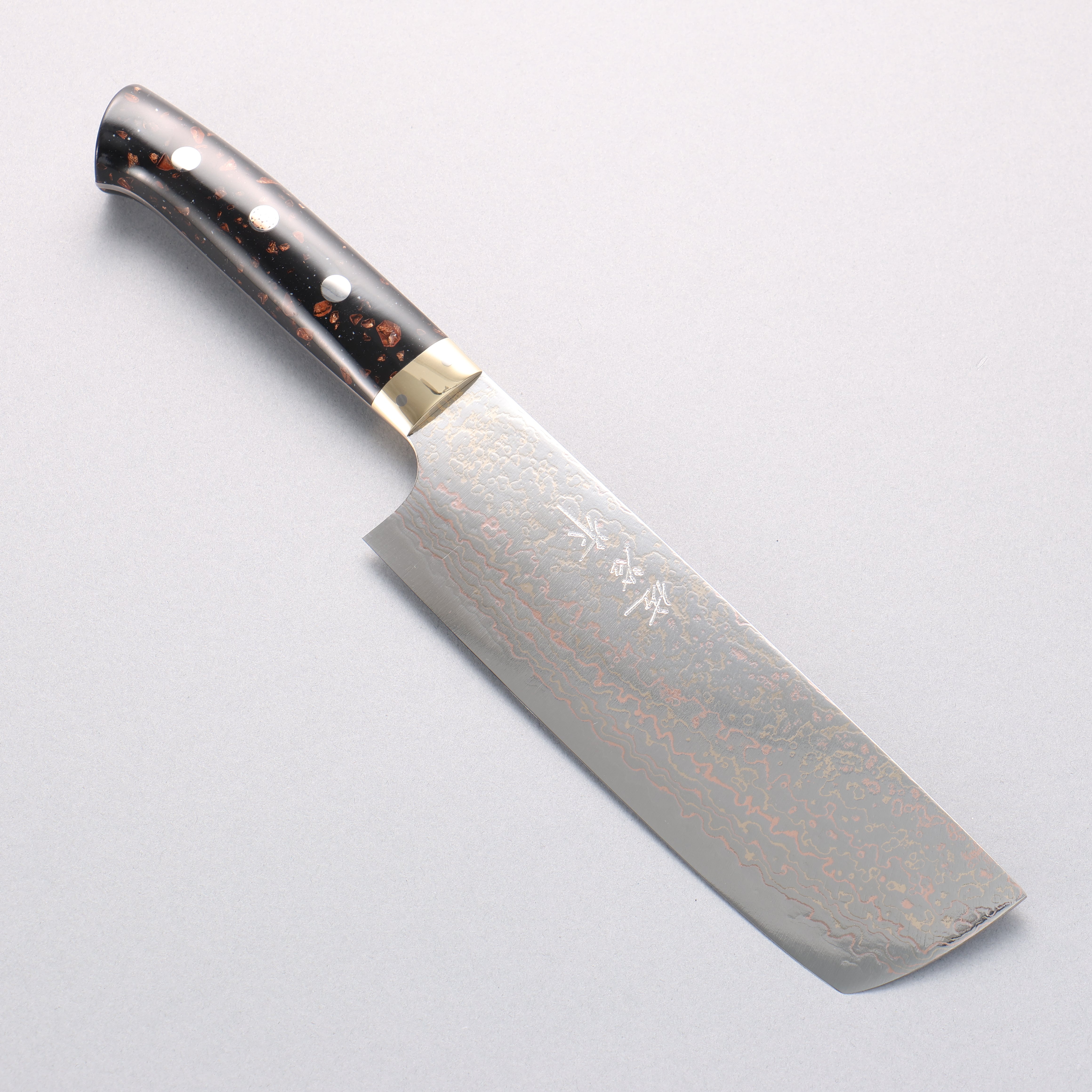 Takeshi Saji VG10w Colored Damascus Migaki Finished Nakiri 165mm Black/Brown Corian Handle - Seisuke Knife