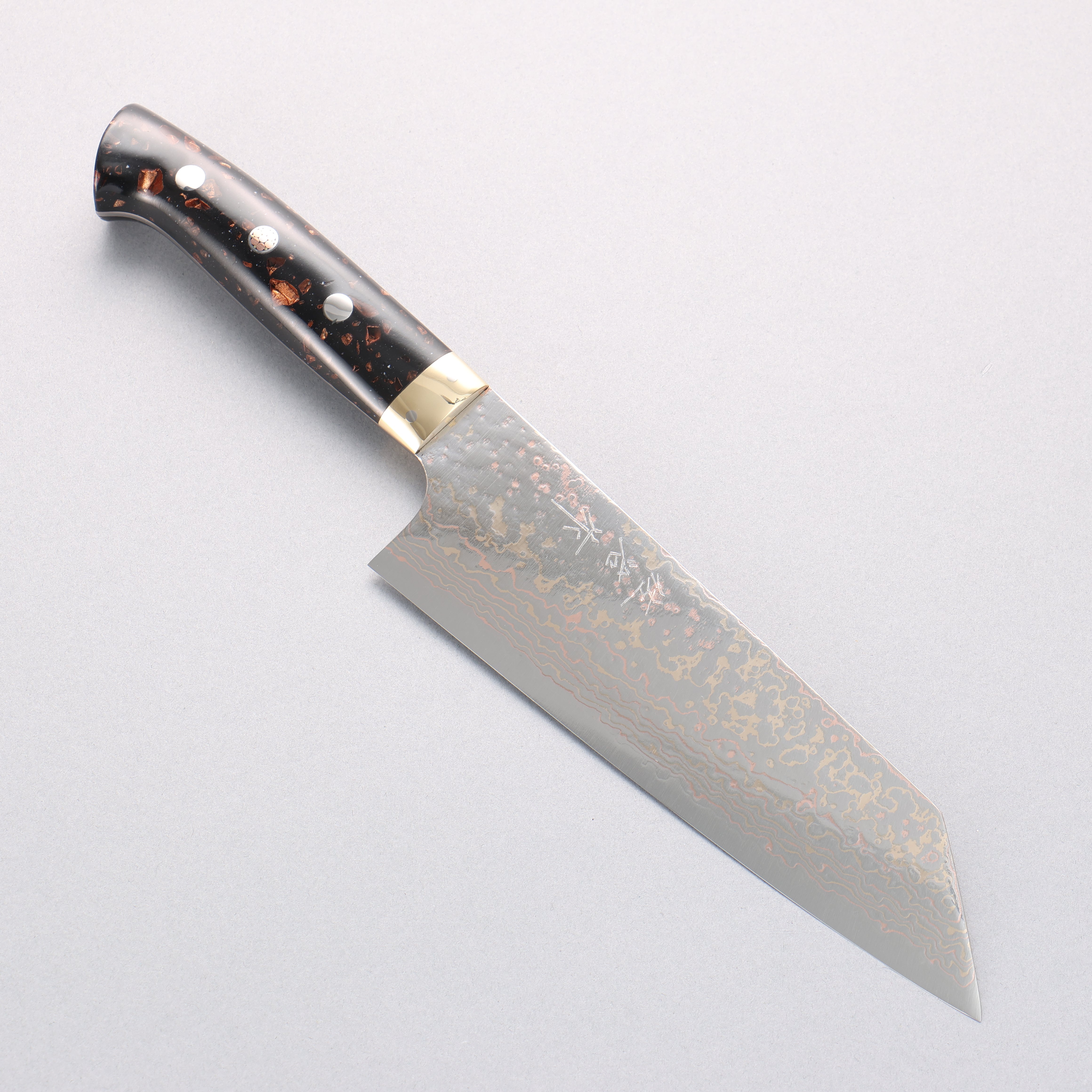Takeshi Saji VG10w Colored Damascus Migaki Finished Bunka 180mm Black/Brown Corian Handle - Seisuke Knife