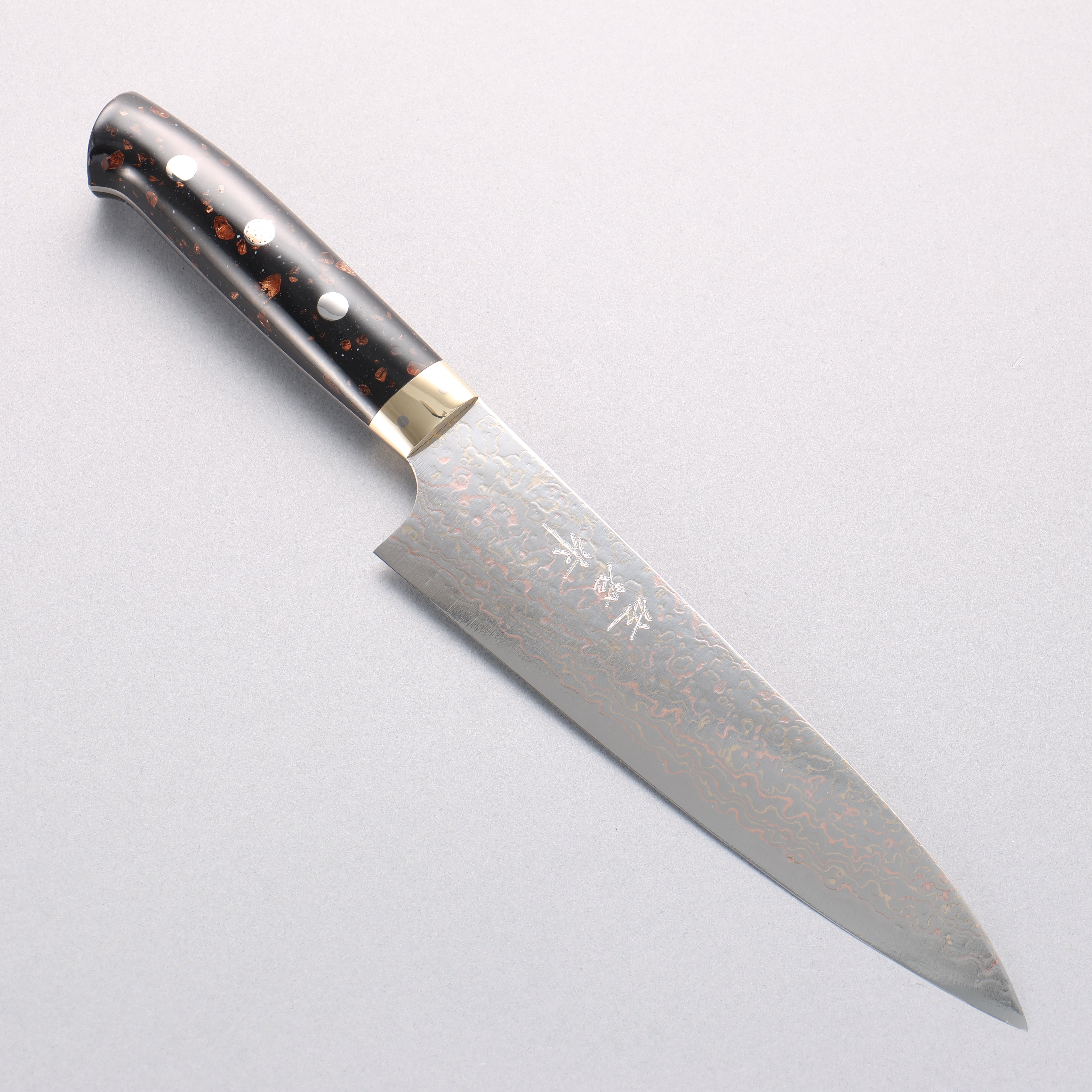 Takeshi Saji VG10w Colored Damascus Migaki Finished Gyuto 180mm Black/Brown Corian Handle - Seisuke Knife