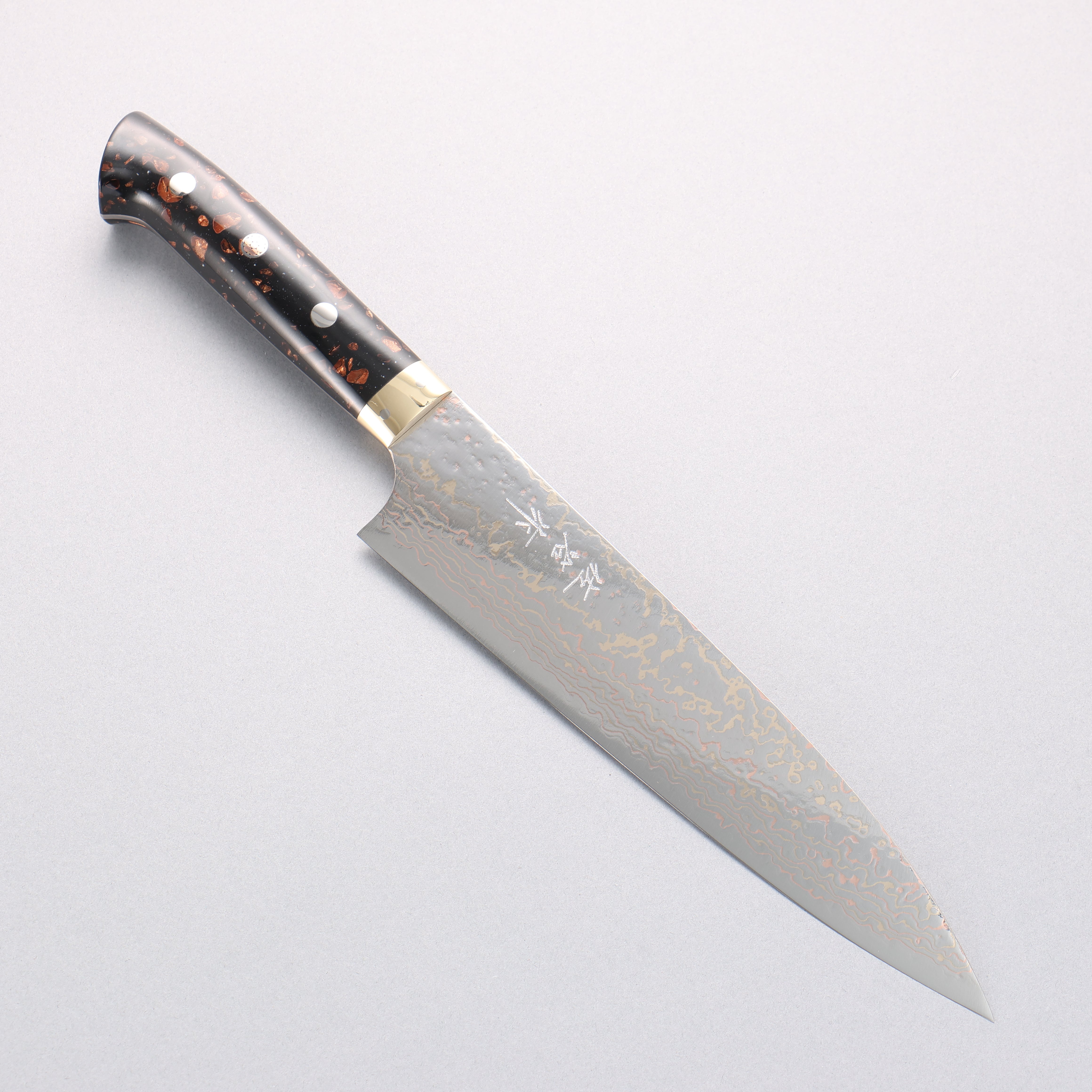 Takeshi Saji VG10w Colored Damascus Migaki Finished Gyuto 210mm Black/Brown Corian Handle - Seisuke Knife