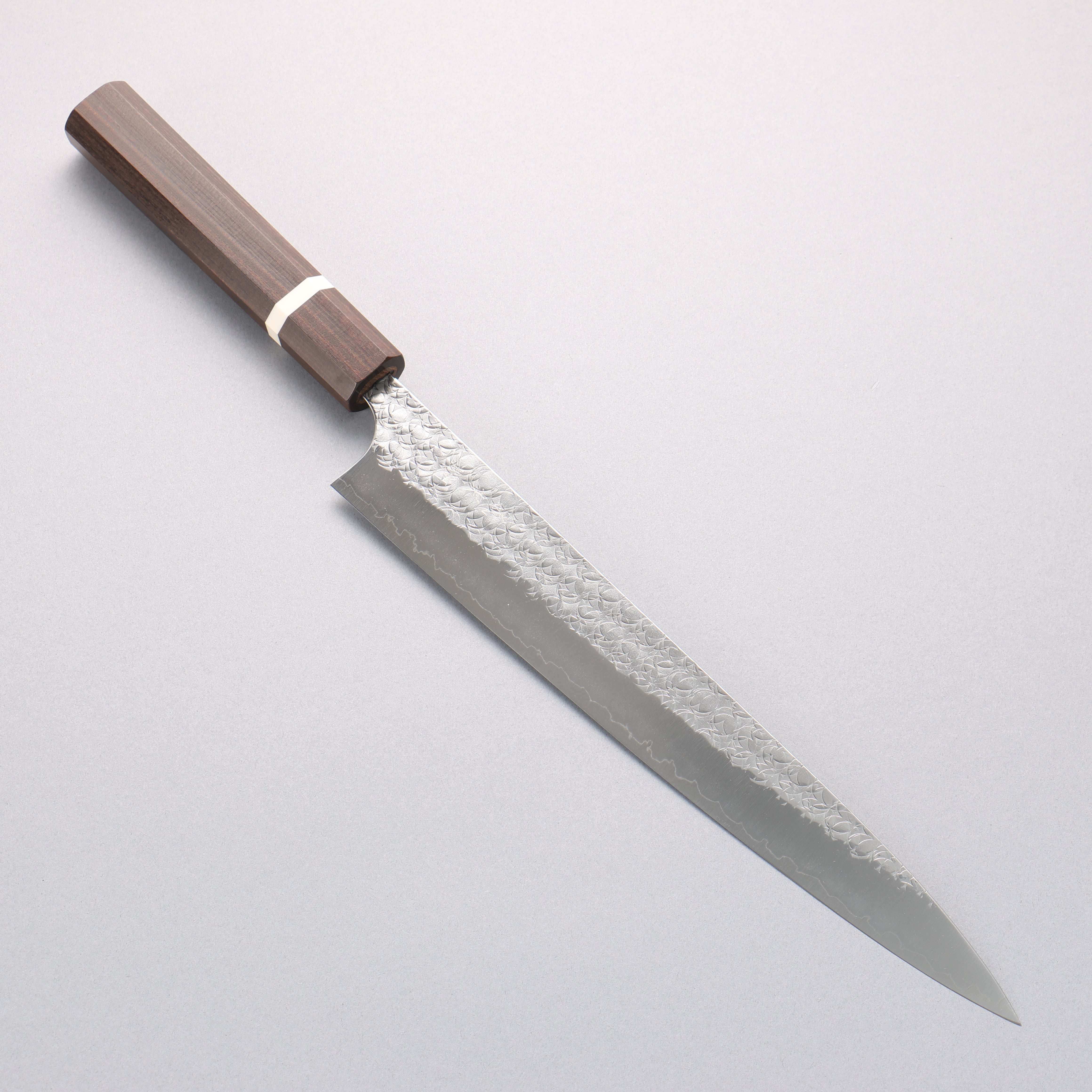 Yoshimi Kato Minamo SG2 Hammered Sujihiki 270mm Sandalwood with White Ring Handle - Seisuke Knife