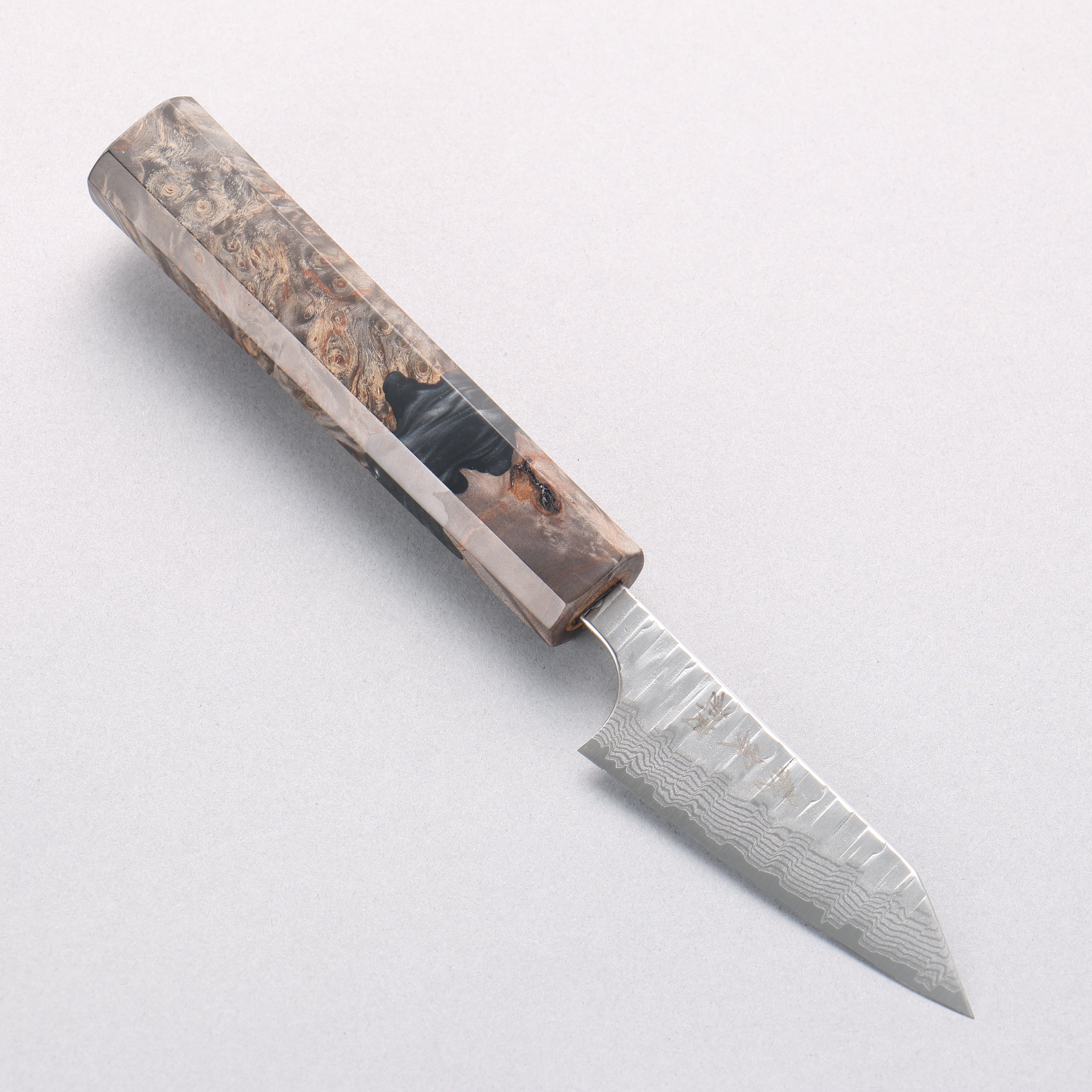 Yoshimi Kato Kasuri VG-XEOS Hammered Damascus Kiritsuke Paring 80mm Stabilized Birch & Black Resin Handle - Seisuke Knife