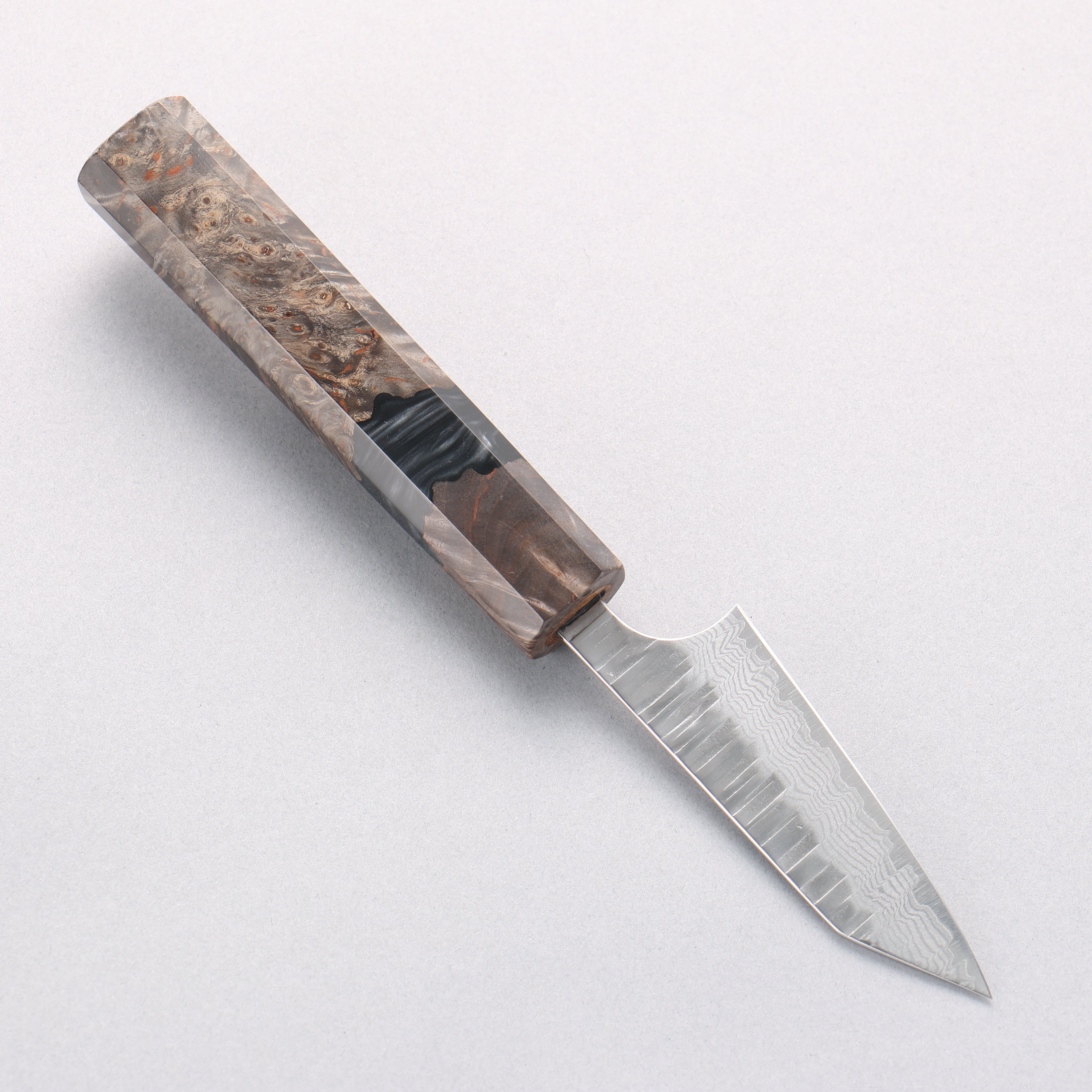 Yoshimi Kato Kasuri VG-XEOS Hammered Damascus Kiritsuke Paring 80mm Stabilized Birch & Black Resin Handle - Seisuke Knife