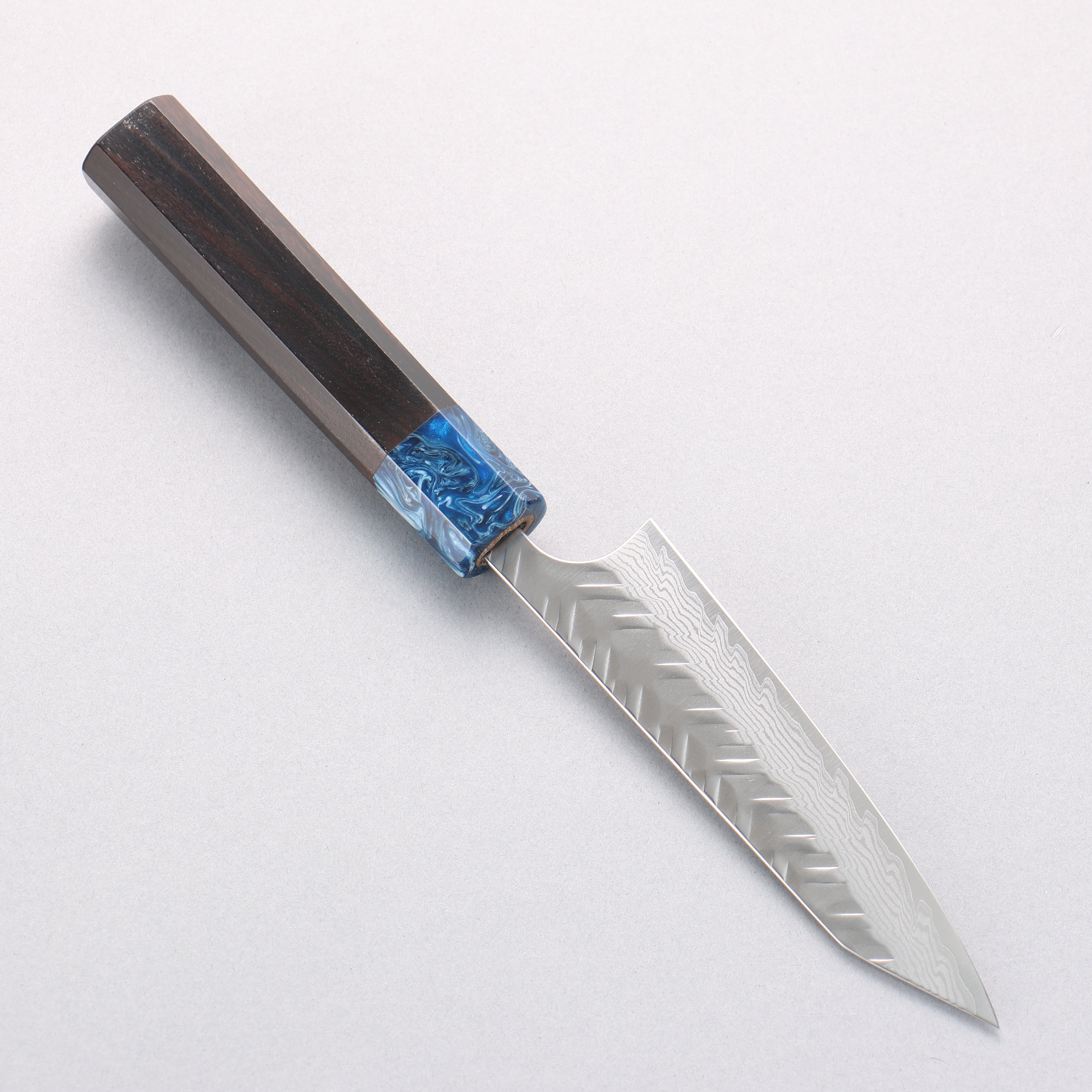 Yoshimi Kato VG-XEOS Damascus Hammered (V) Kiritsuke Petty-Utility 120mm Ebony (ferrule: Blue Marble Resin) Handle - Seisuke Knife