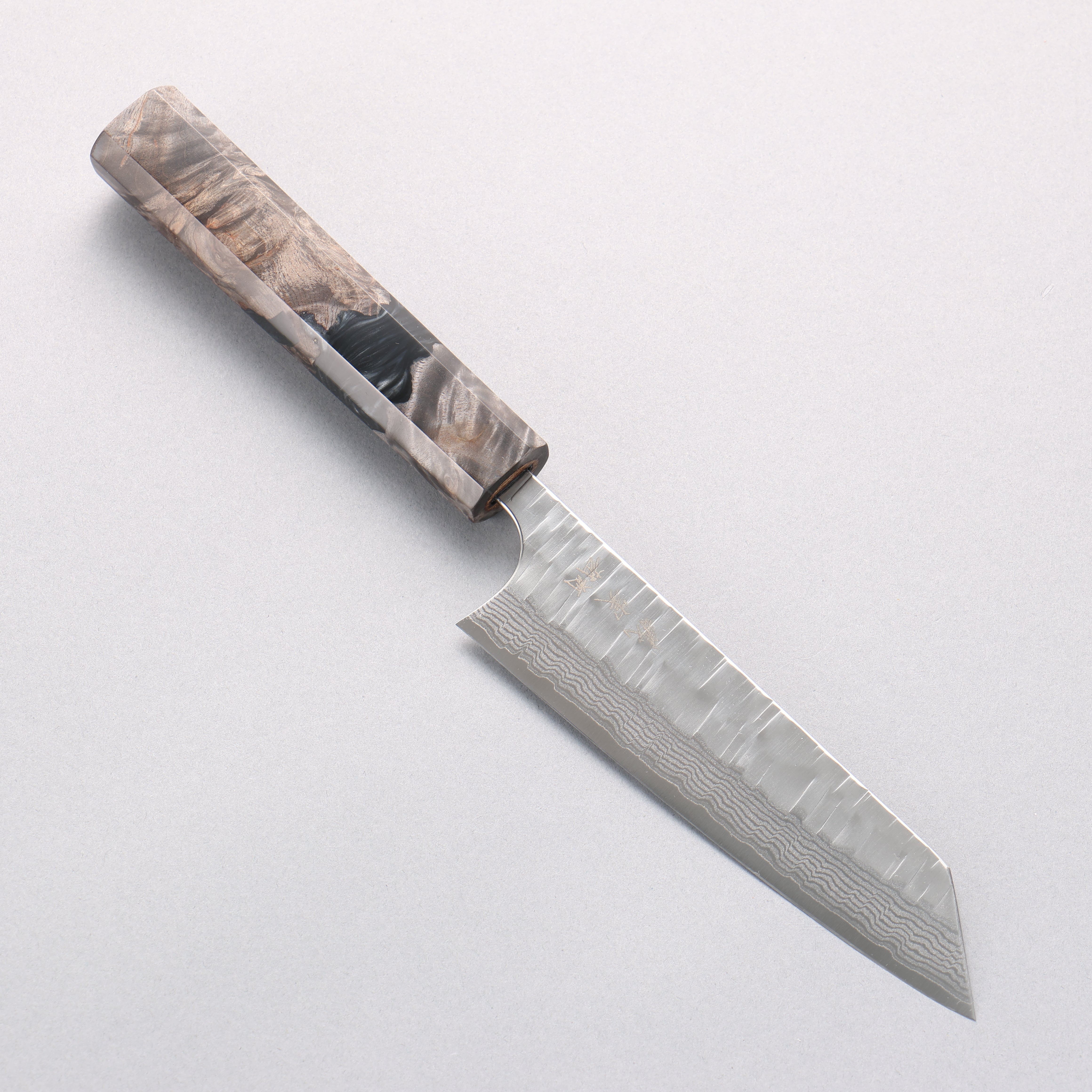 Yoshimi Kato Kasuri VG-XEOS Hammered Damascus Small Bunka 130mm Stabilized Birch with Black Resin Handle - Seisuke Knife