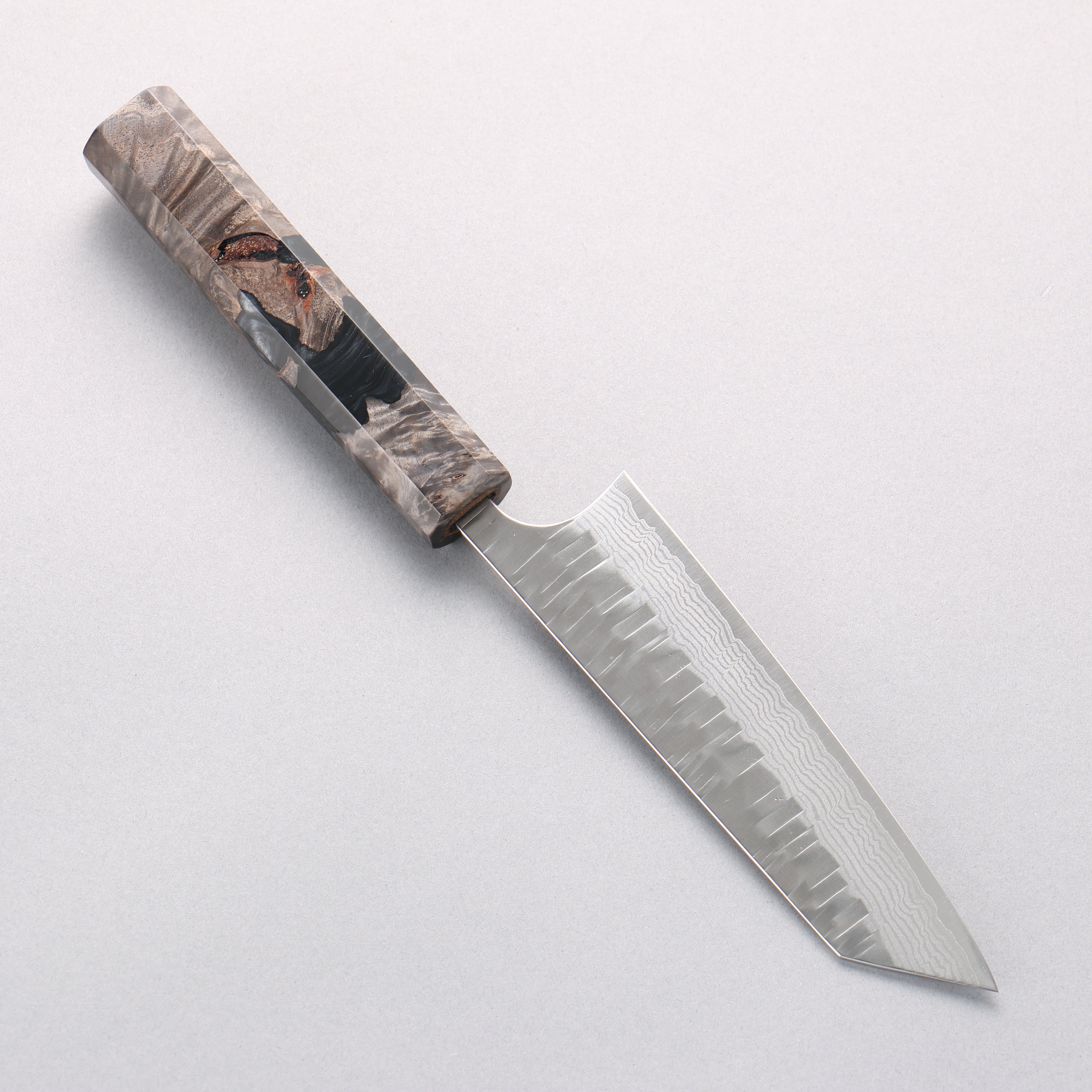 Yoshimi Kato Kasuri VG-XEOS Hammered Damascus Small Bunka 130mm Stabilized Birch with Black Resin Handle - Seisuke Knife