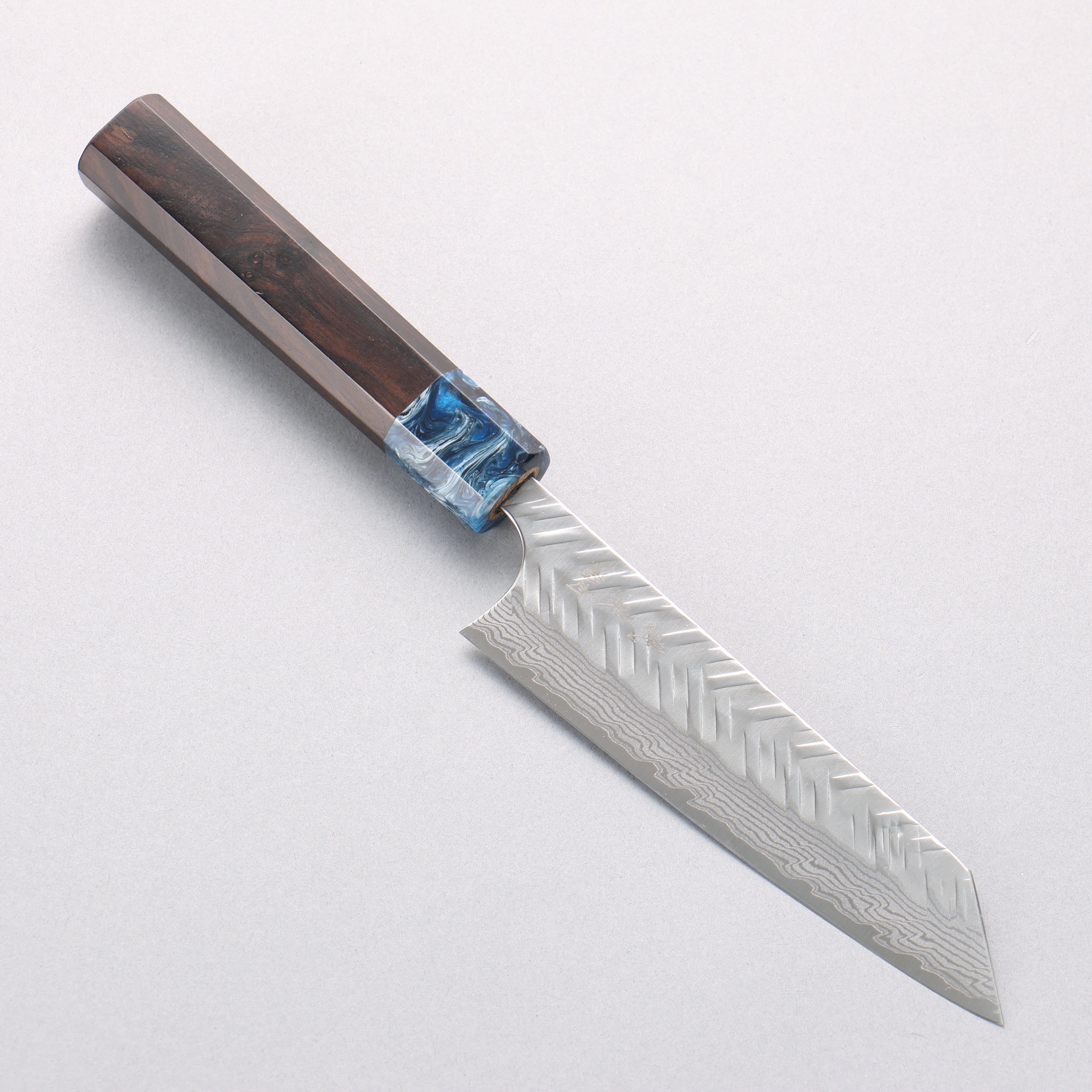 Yoshimi Kato VG-XEOS Damascus Hammered (V) Small Bunka 130mm Ebony (ferrule: Blue Marble Resin) Handle - Seisuke Knife