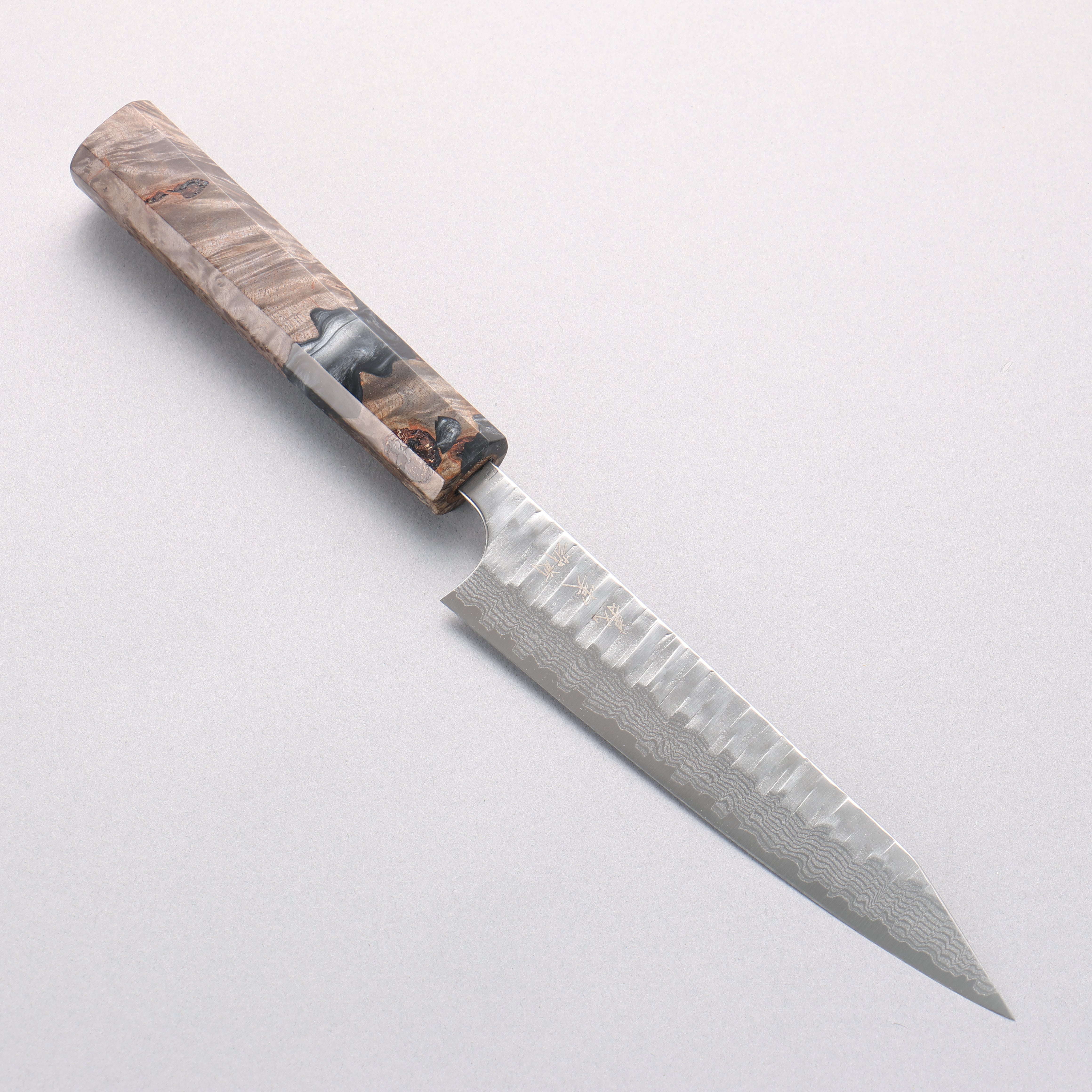 Yoshimi Kato Kasuri VG-XEOS Hammered Damascus Kiritsuke Petty-Utility 150mm Stabilized Birch with Black Resin Handle - Seisuke Knife