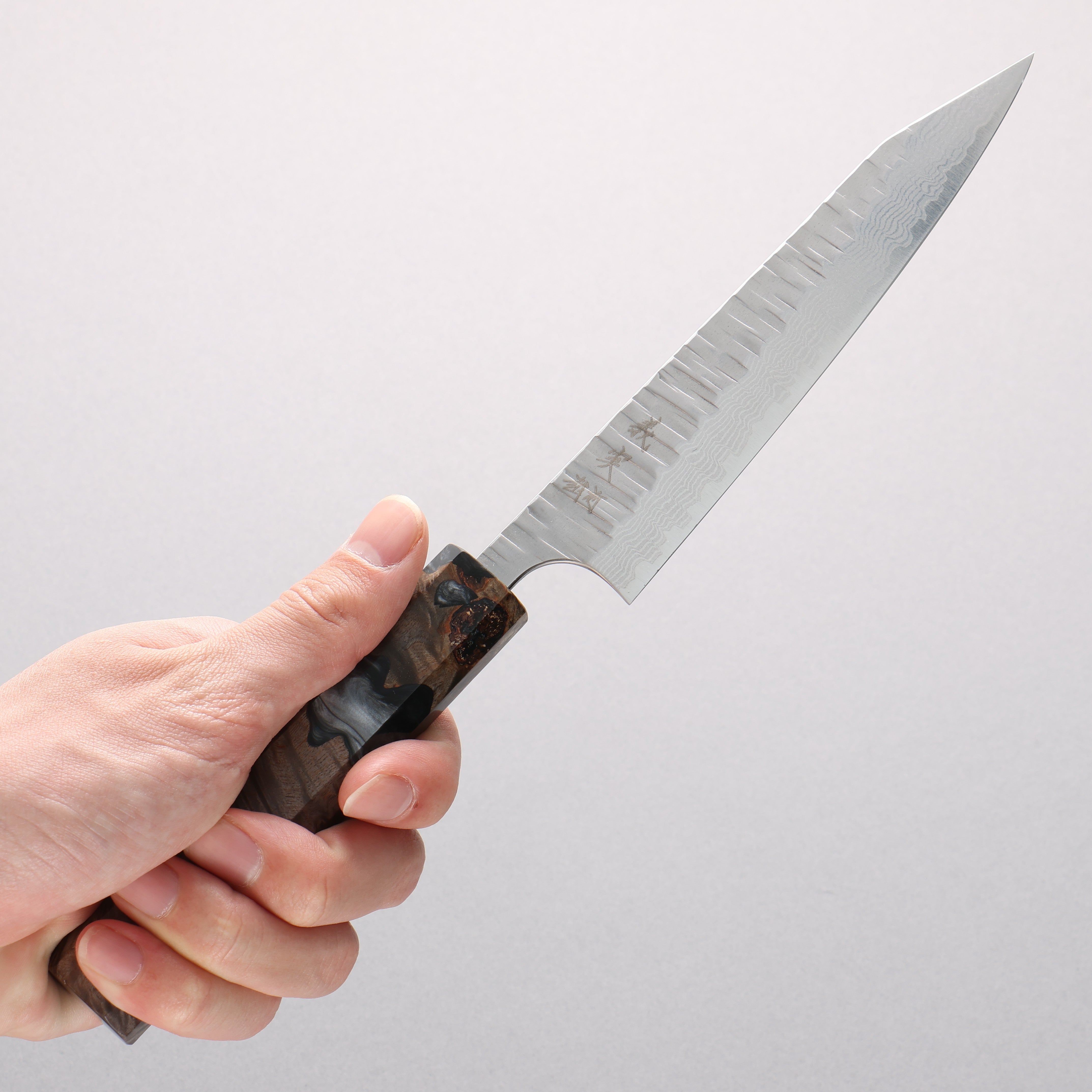 Yoshimi Kato Kasuri VG-XEOS Hammered Damascus Kiritsuke Petty-Utility 150mm Stabilized Birch with Black Resin Handle - Seisuke Knife