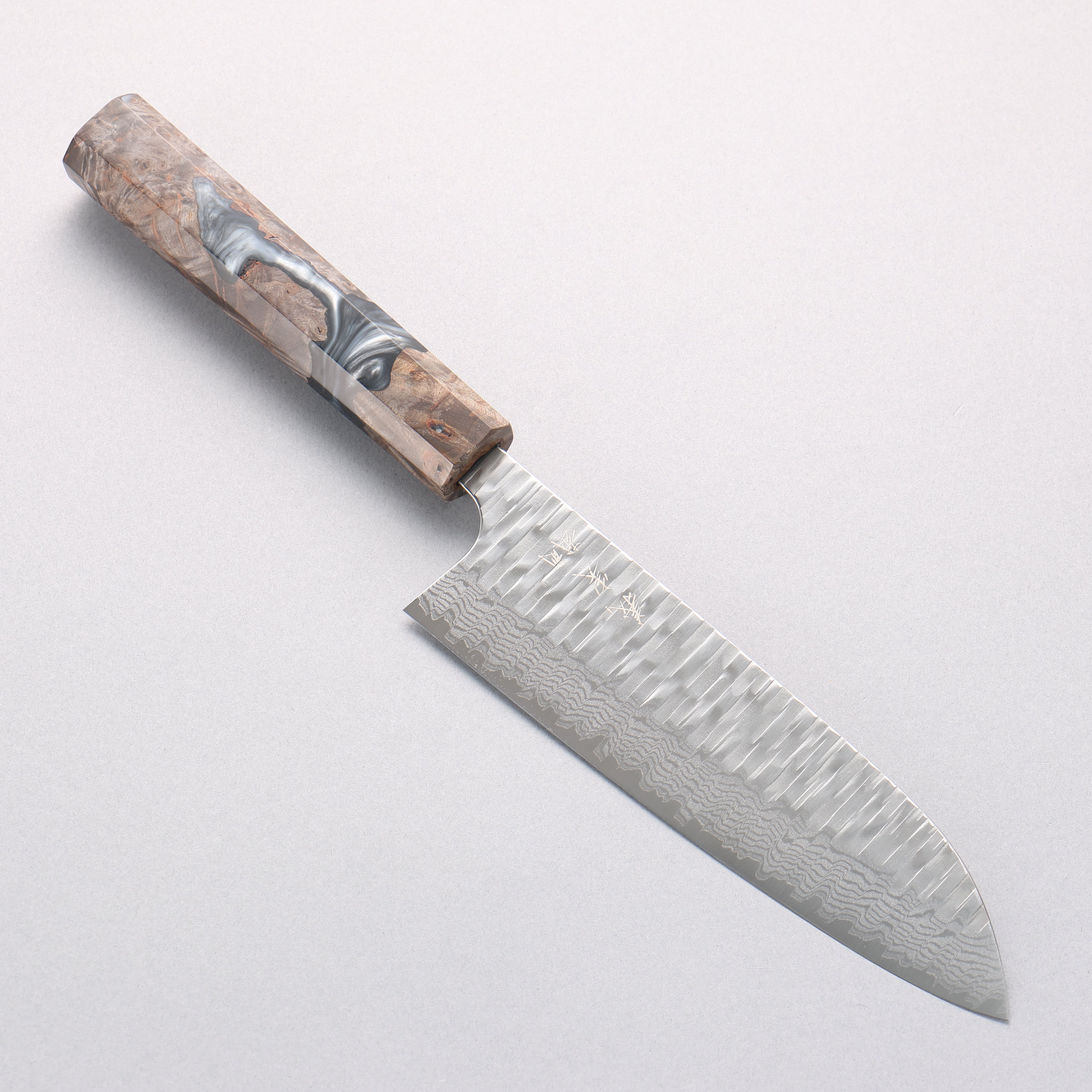 Yoshimi Kato Kasuri VG-XEOS Hammered Damascus Santoku 170mm Stabilized Birch with Black Resin Handle - Seisuke Knife