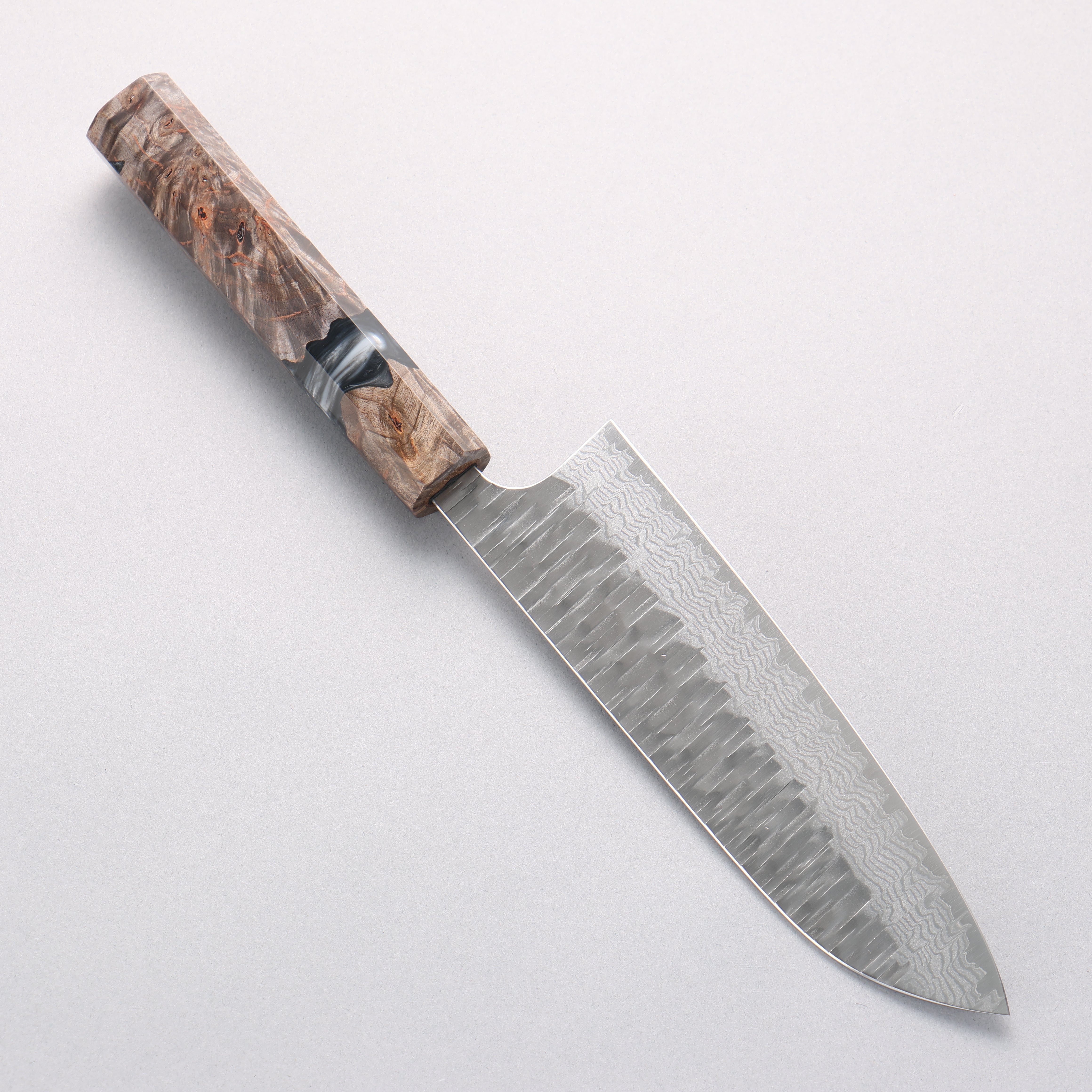 Yoshimi Kato Kasuri VG-XEOS Hammered Damascus Santoku 170mm Stabilized Birch with Black Resin Handle - Seisuke Knife