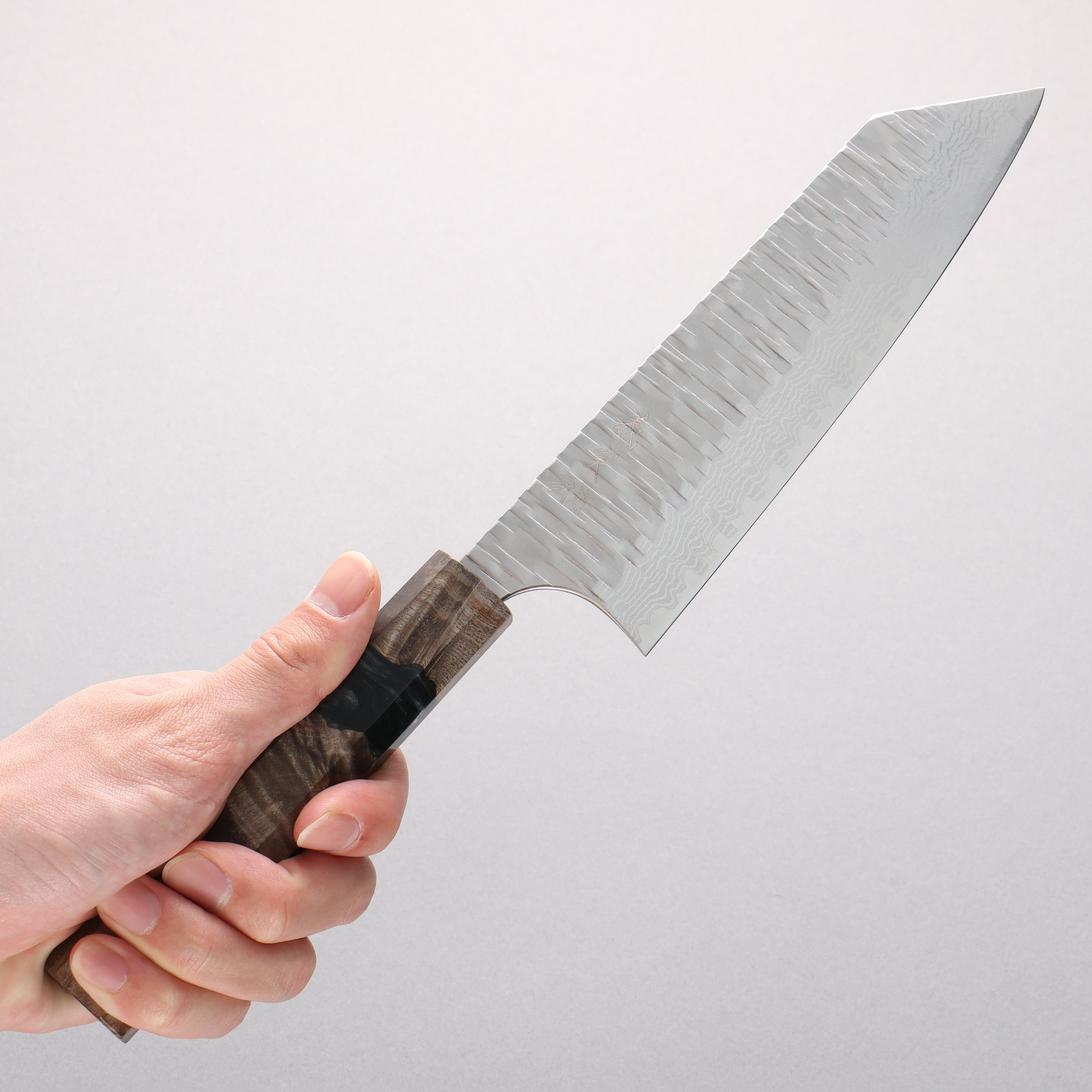 Yoshimi Kato Kasuri VG-XEOS Hammered Damascus Bunka 170mm Stabilized Birch with Black Resin Handle - Seisuke Knife
