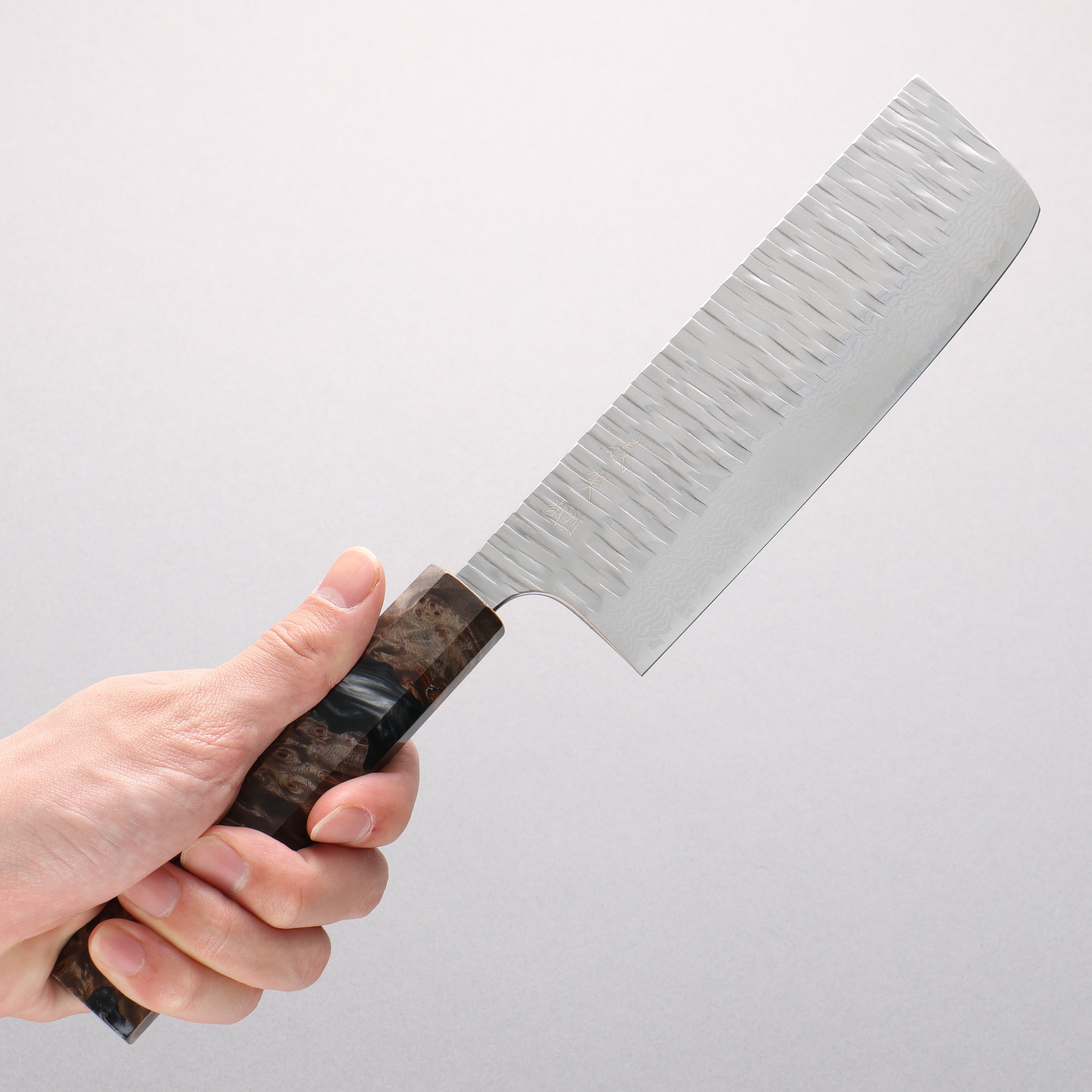 Yoshimi Kato Kasuri VG-XEOS Hammered Damascus Nakiri 165mm Stabilized Birch with Black Resin Handle - Seisuke Knife