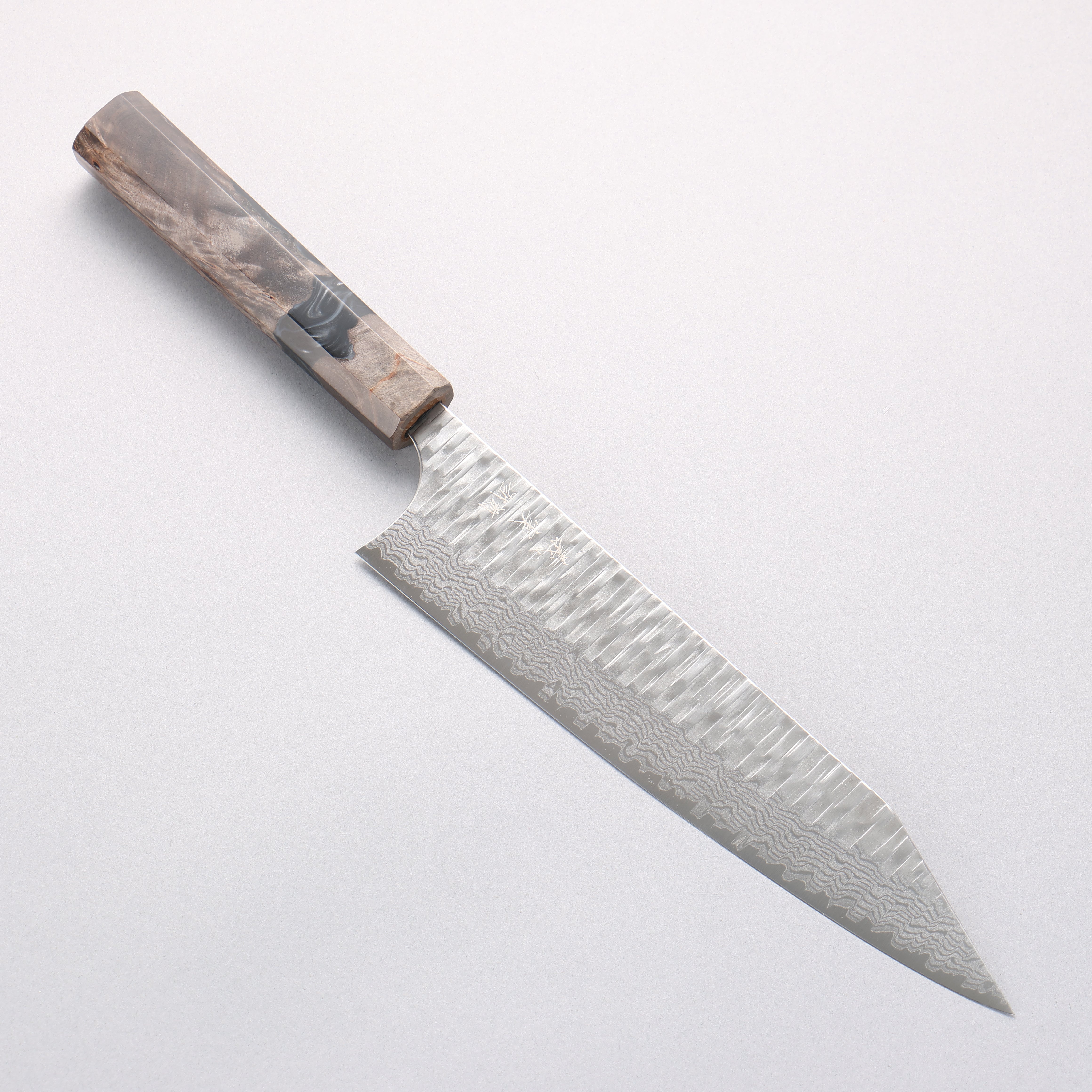 Yoshimi Kato Kasuri VG-XEOS Hammered Damascus Kiritsuke Gyuto 210mm Stabilized Birch with Black Resin Handle - Seisuke Knife