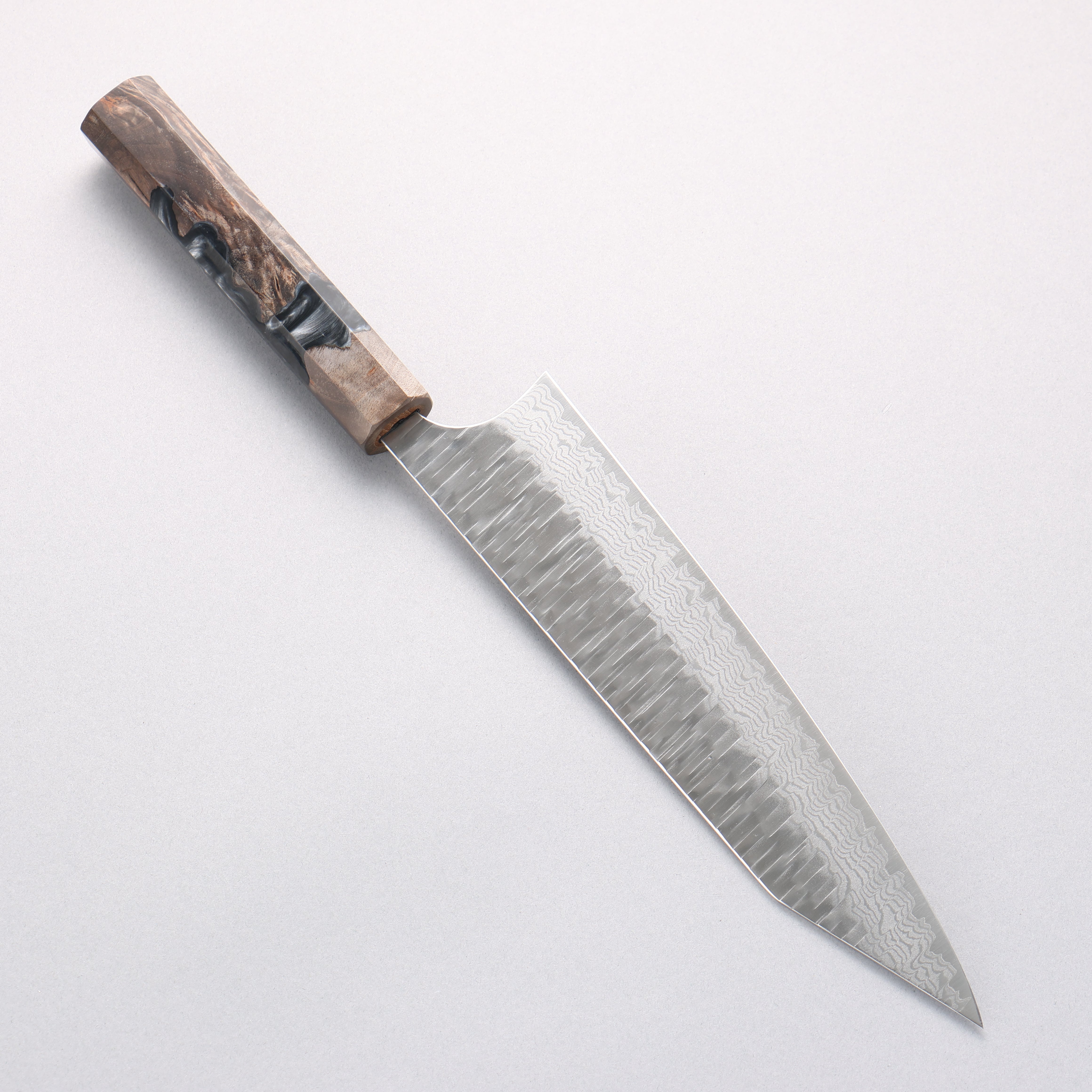 Yoshimi Kato Kasuri VG-XEOS Hammered Damascus Kiritsuke Gyuto 210mm Stabilized Birch with Black Resin Handle - Seisuke Knife