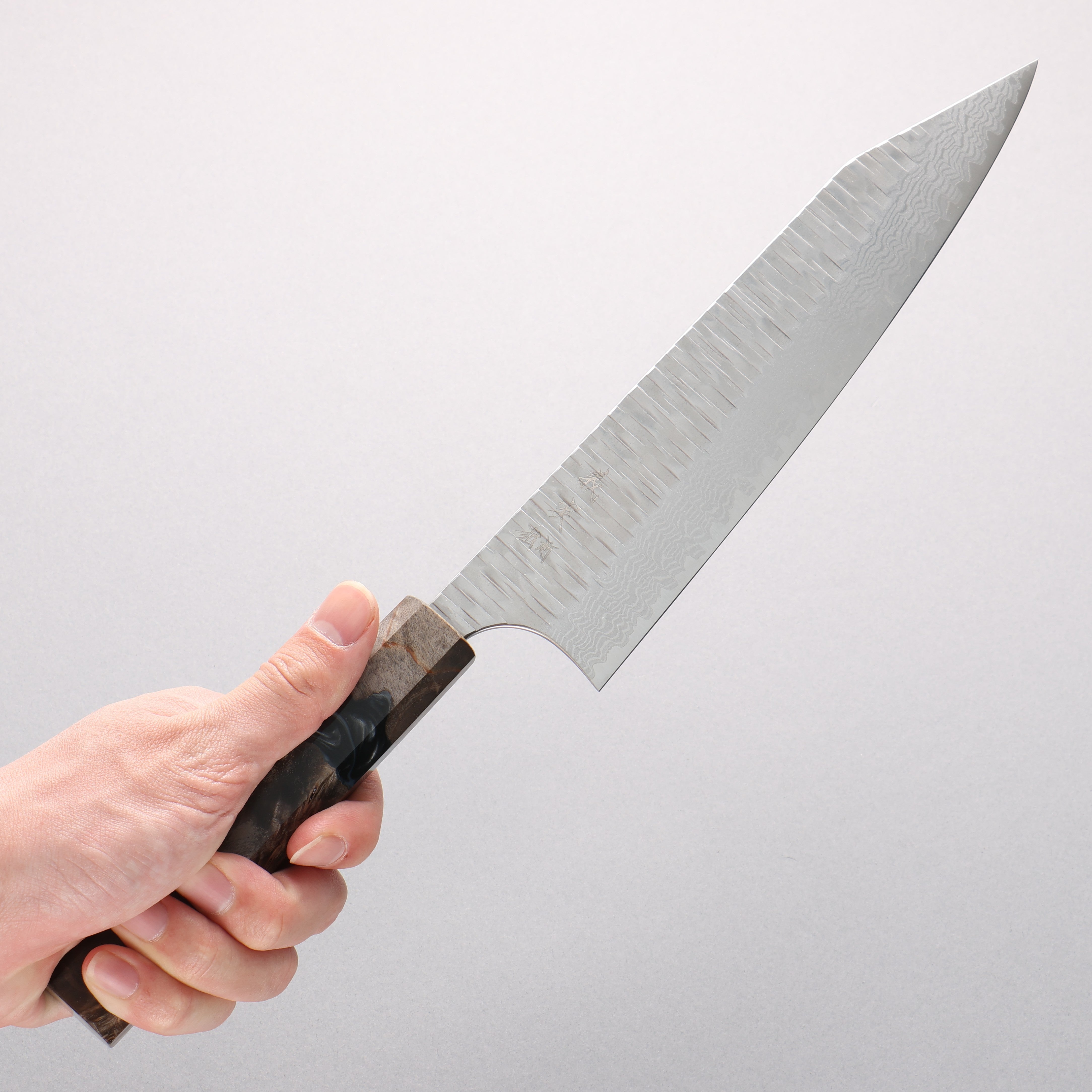 Yoshimi Kato Kasuri VG-XEOS Hammered Damascus Kiritsuke Gyuto 210mm Stabilized Birch with Black Resin Handle - Seisuke Knife
