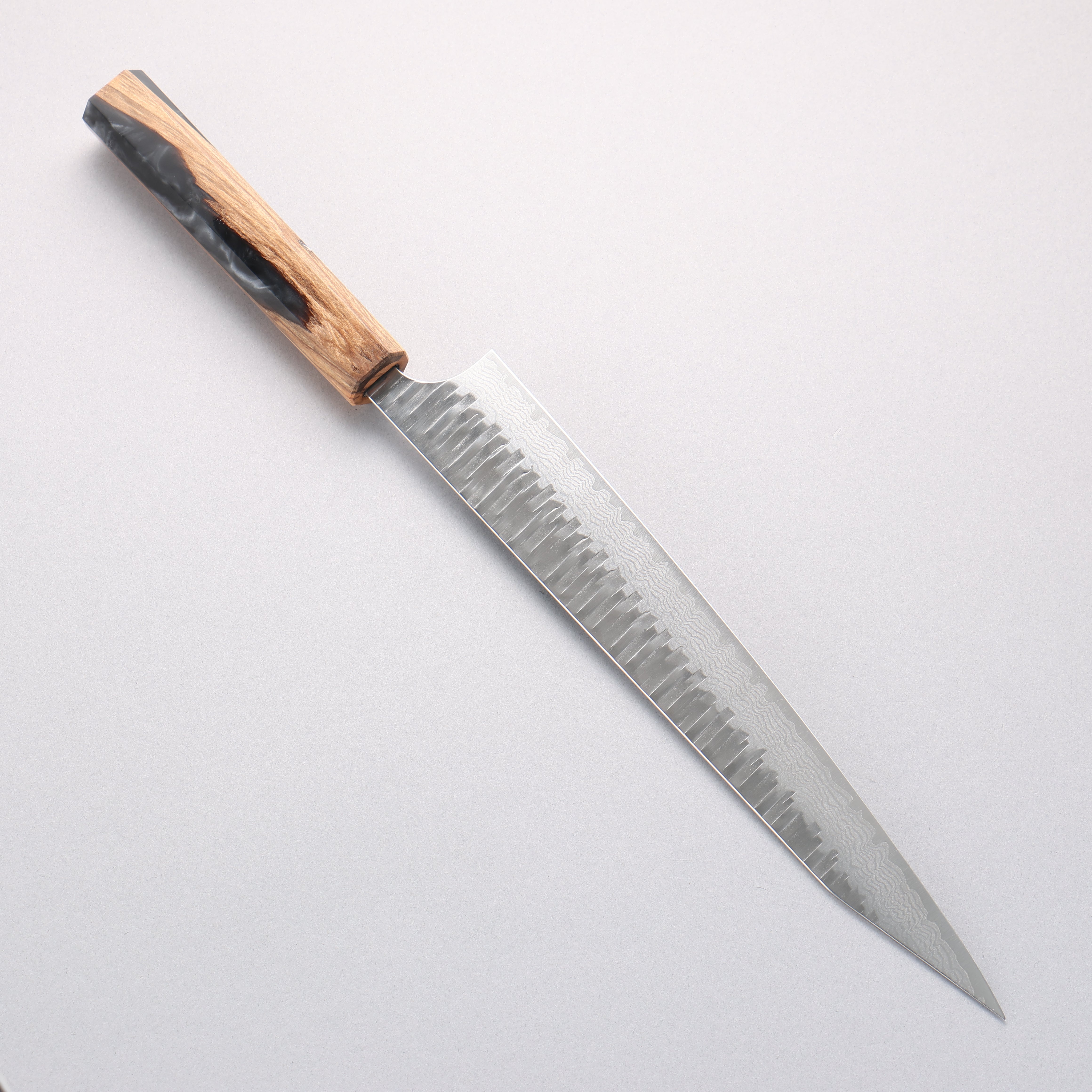 Yoshimi Kato Kasuri VG-XEOS Hammered Damascus Kiritsuke Sujihiki 270mm Olive Tree and Black/White Marble Resin Handle - Seisuke Knife