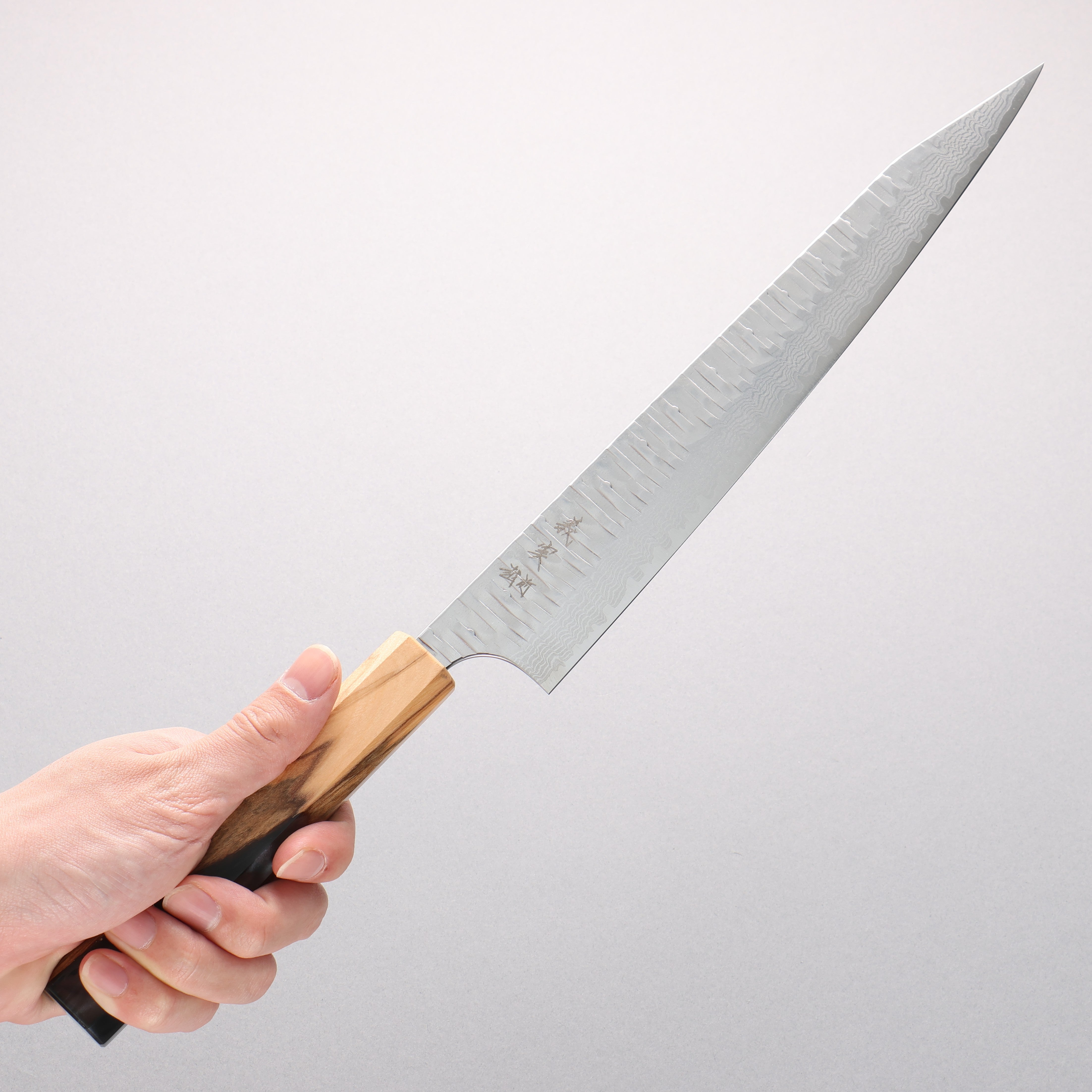 Yoshimi Kato Kasuri VG-XEOS Hammered Damascus Kiritsuke Sujihiki 270mm Olive Tree and Black/White Marble Resin Handle - Seisuke Knife