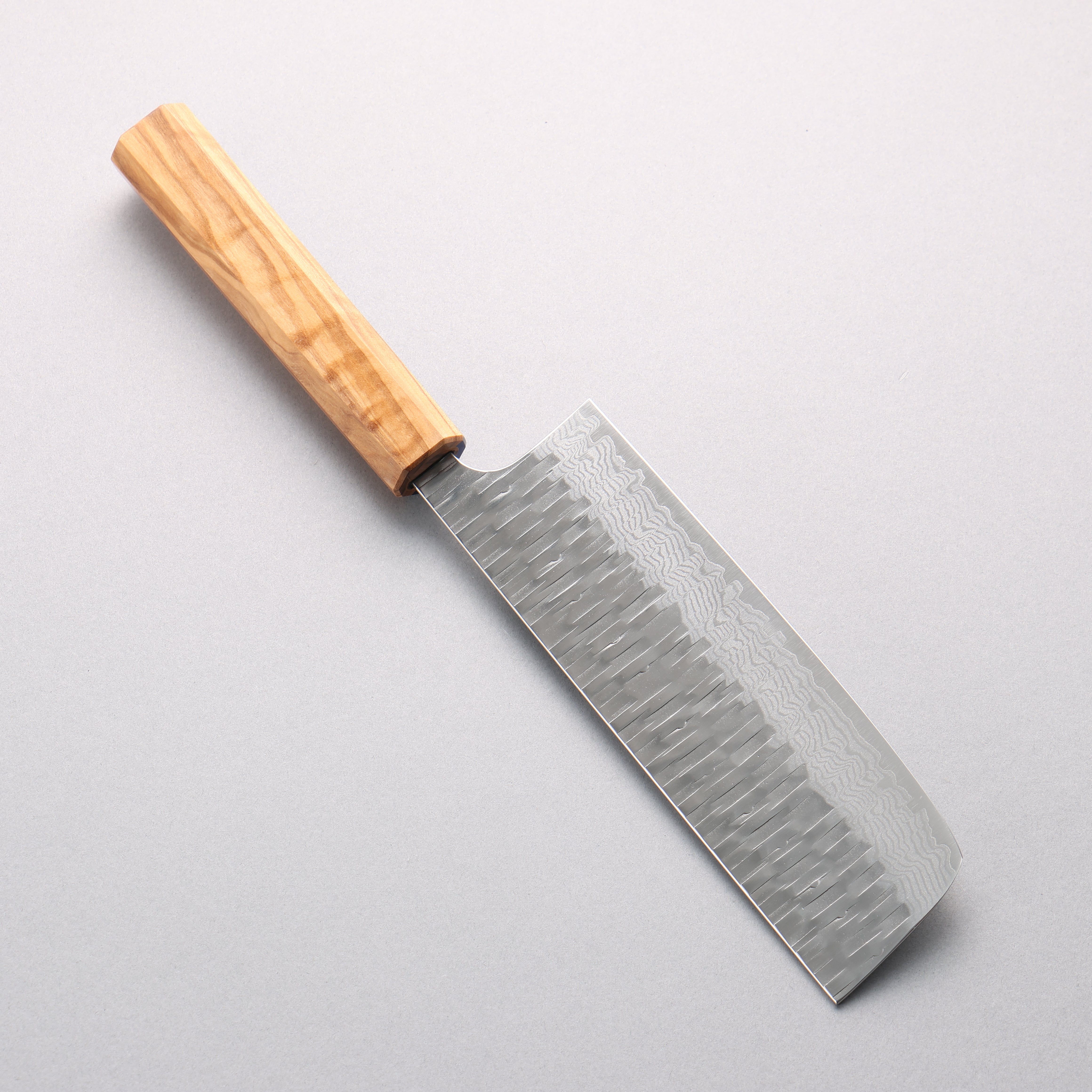 Yoshimi Kato Kasuri VG-XEOS Hammered Damascus Nakiri 165mm Olive Wood & Blue Resin Handle - Seisuke Knife