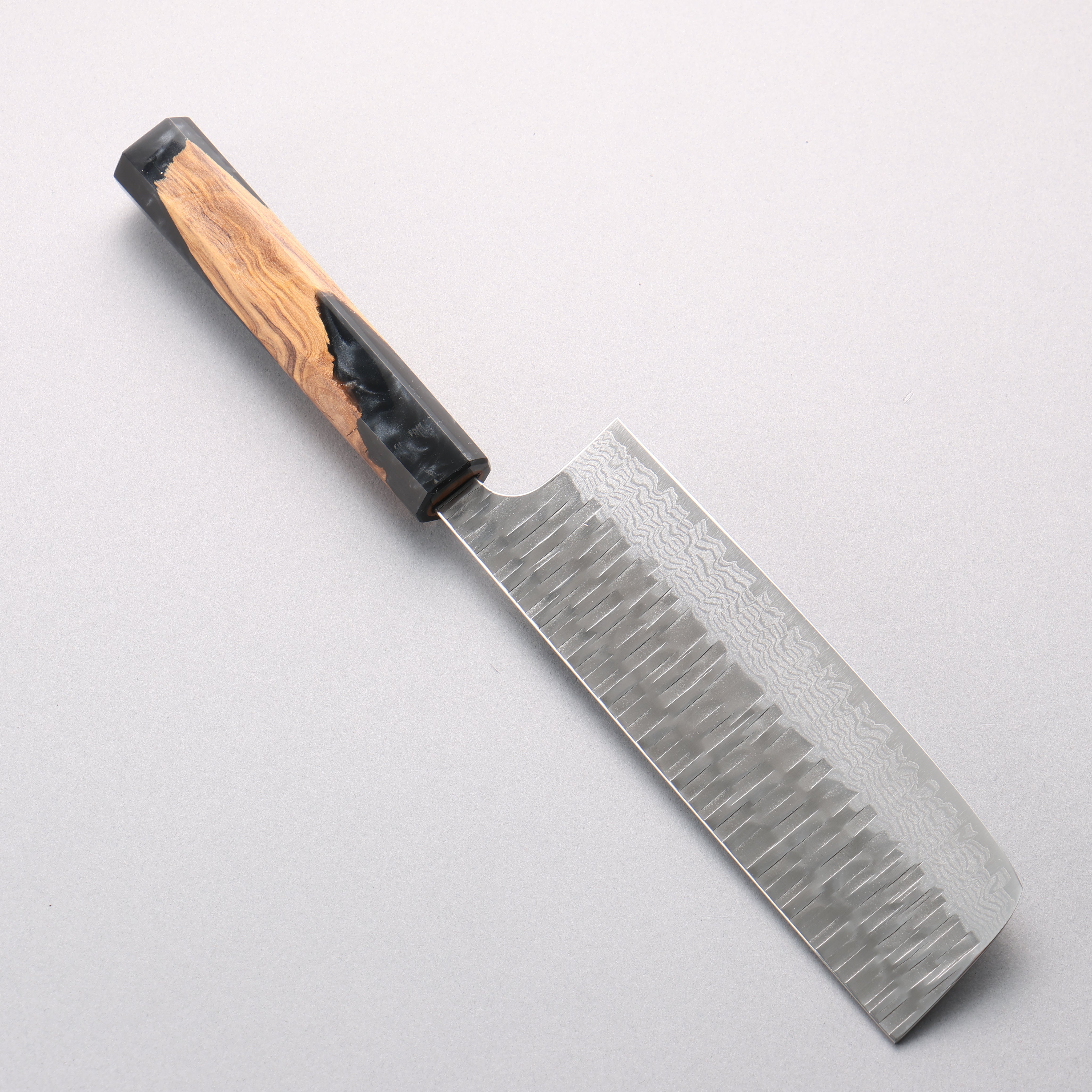 Yoshimi Kato Kasuri VG-XEOS Hammered Damascus Nakiri 165mm Olive Wood & Black Marble Resin Handle - Seisuke Knife