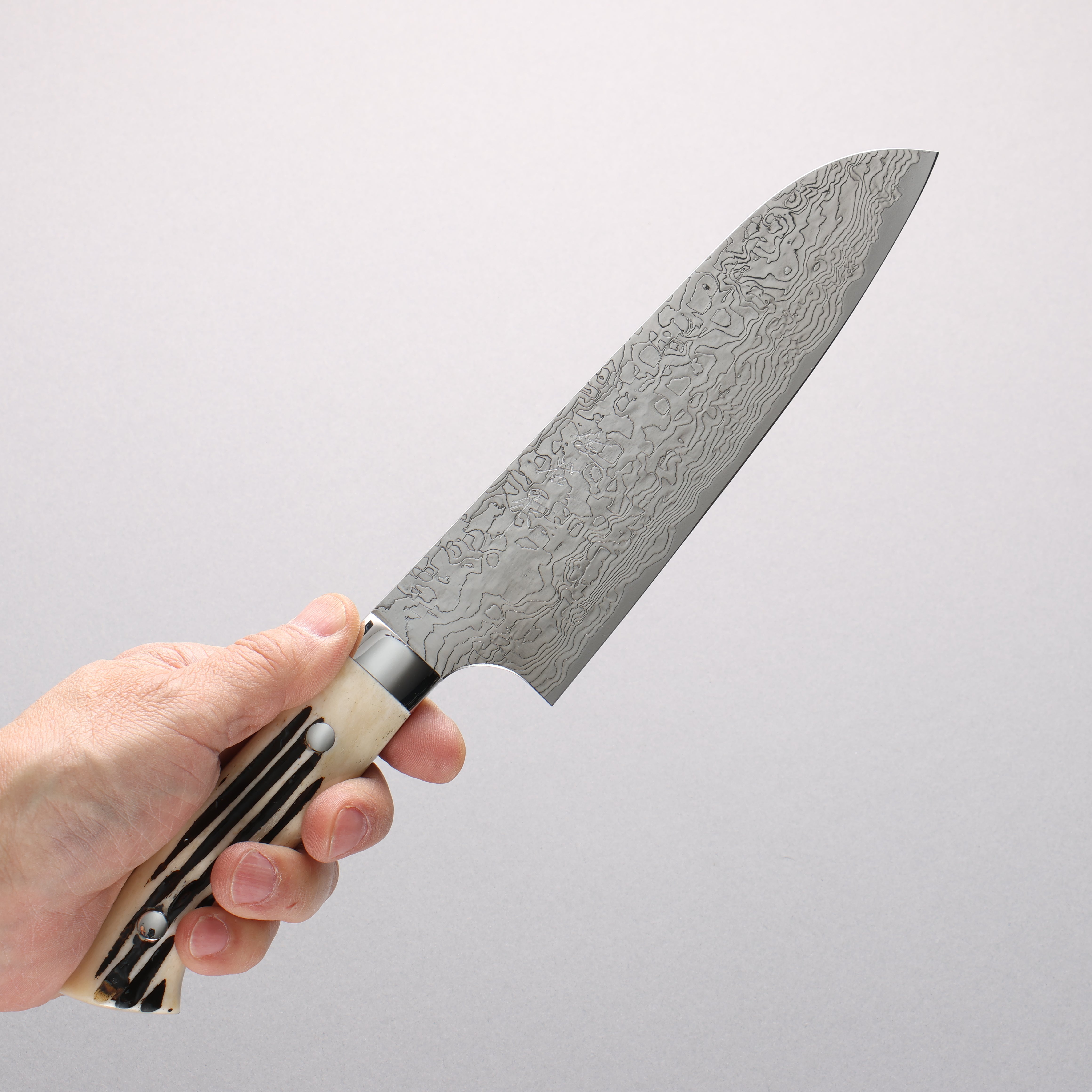 Takeshi Saji SG2 Diamond Finish Damascus Santoku 180mm White Deer Horn Handle - Seisuke Knife