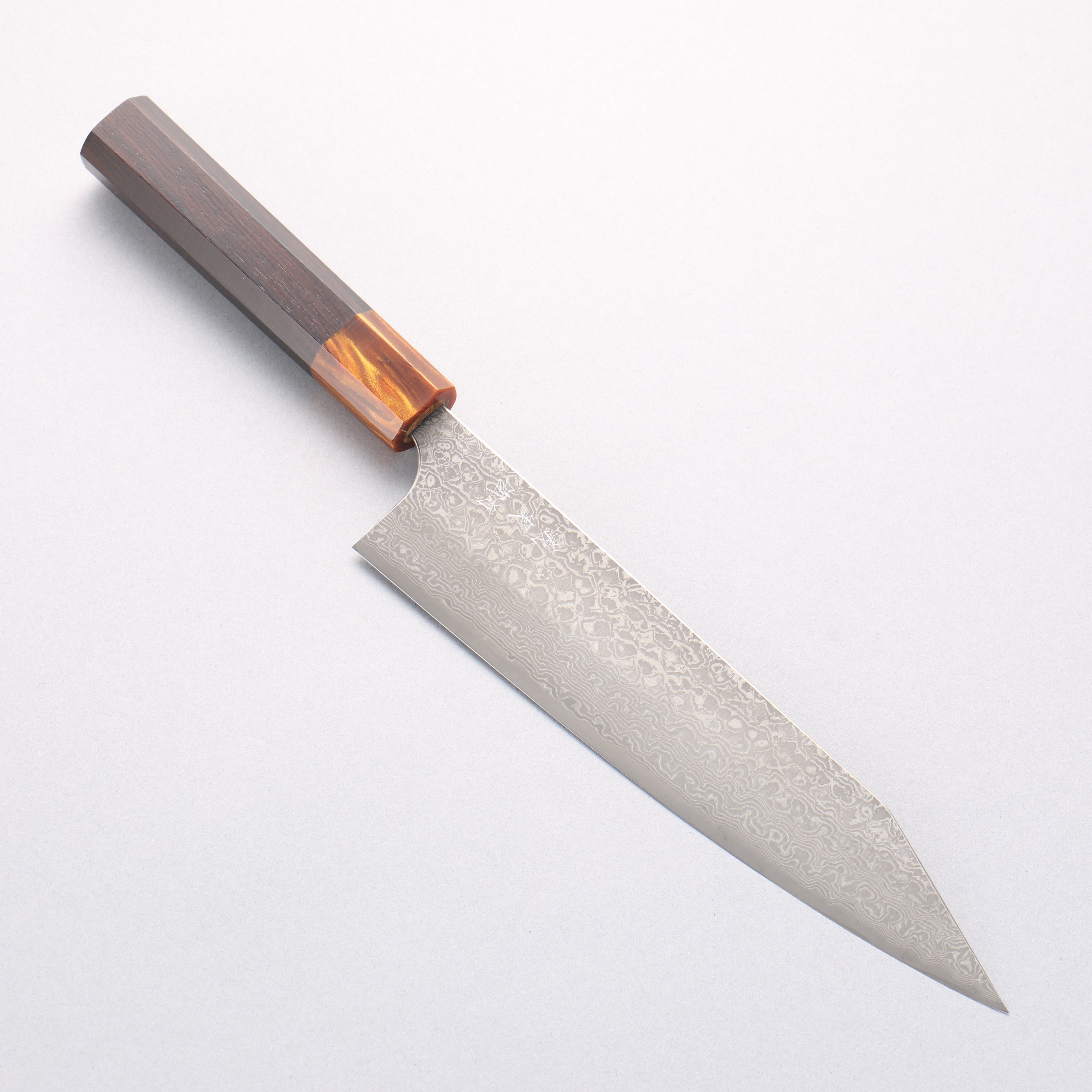 Yoshimi Kato VG10 Black Damascus Kiritsuke Gyuto 210mm Ebony (ferrule: Orange Resin) Handle - Seisuke Knife
