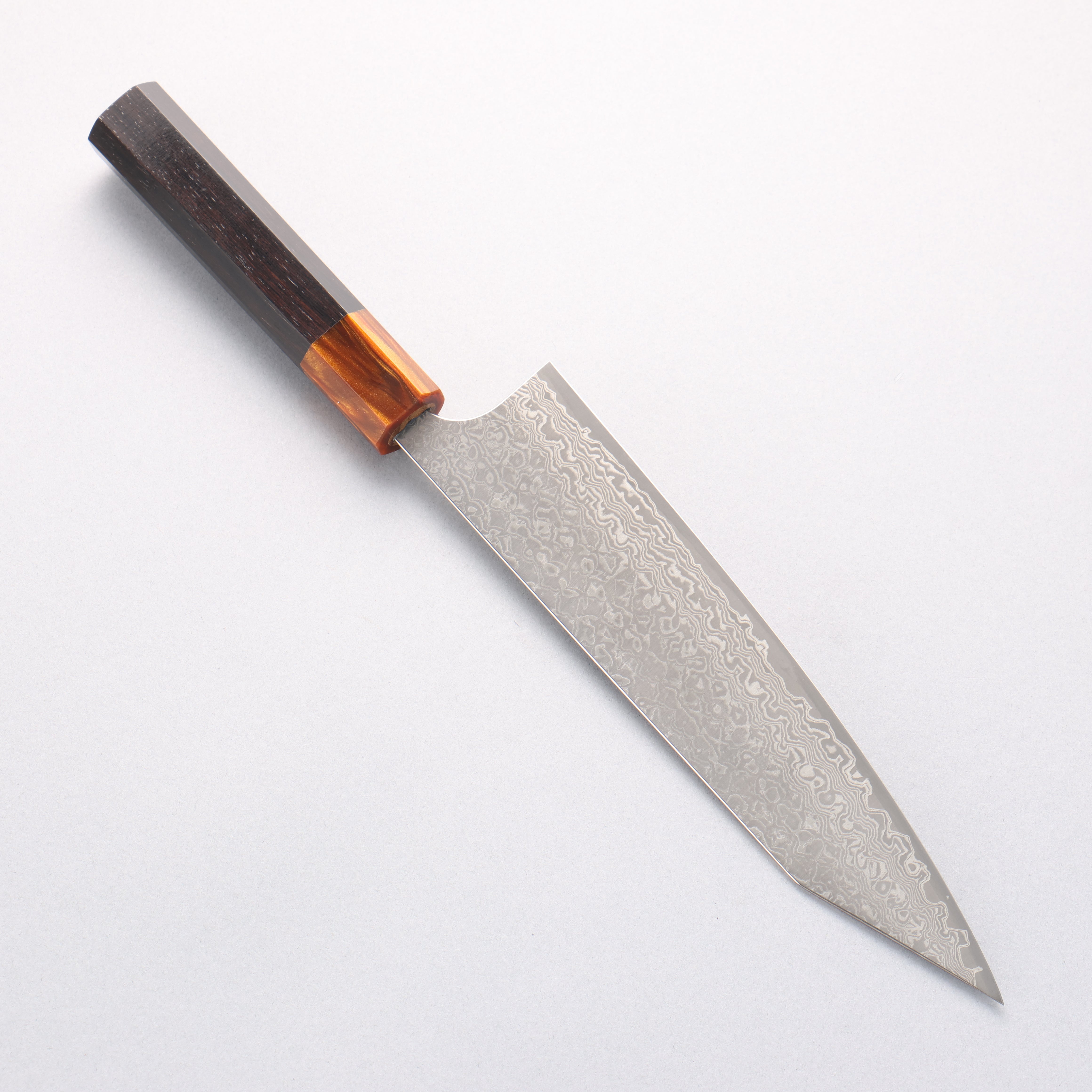 Yoshimi Kato VG10 Black Damascus Kiritsuke Gyuto 210mm Ebony (ferrule: Orange Resin) Handle - Seisuke Knife