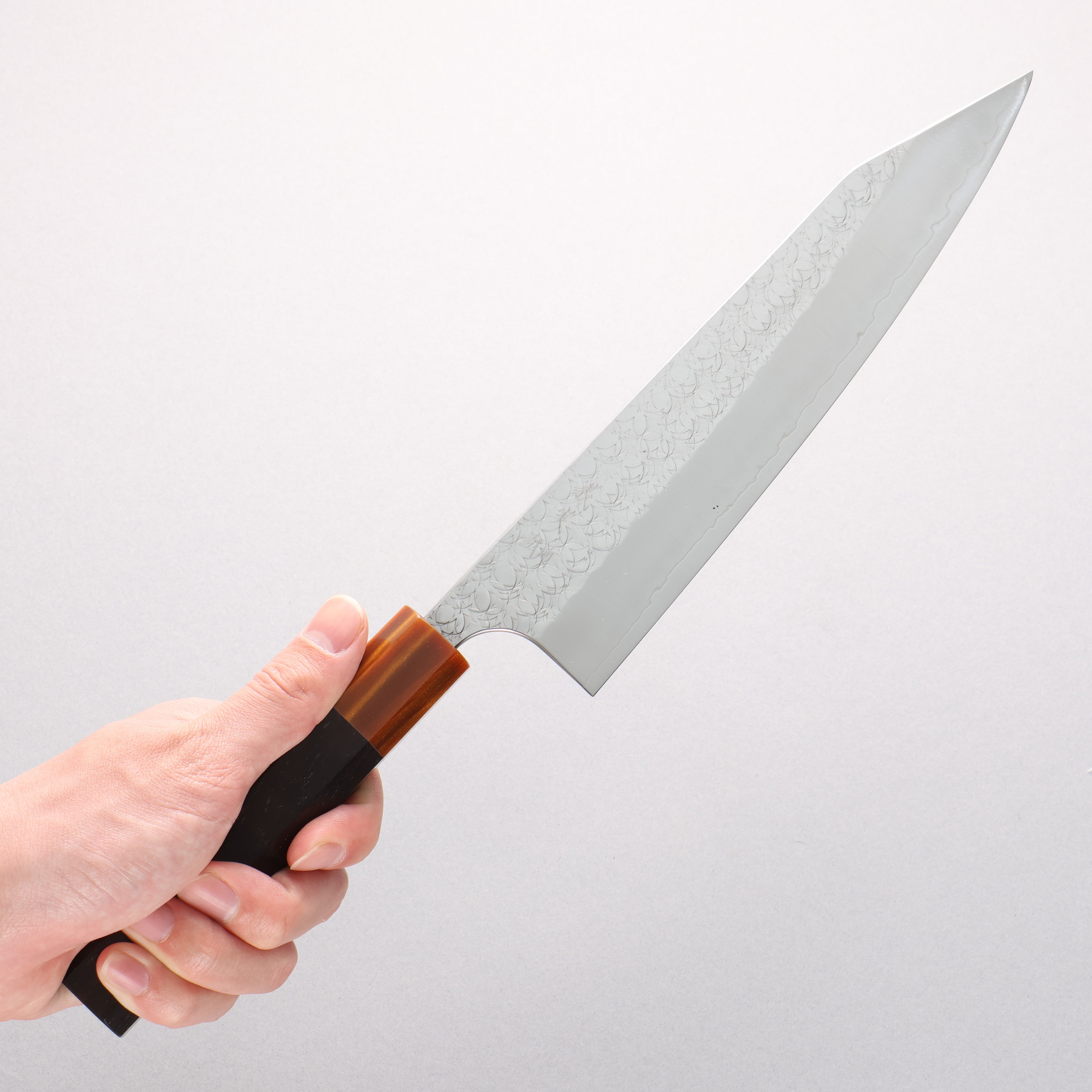 Yoshimi Kato Minamo SG2 Hammered Kiritsuke Gyuto 210mm Ebony (ferrule: Orange Resin) Handle - Seisuke Knife